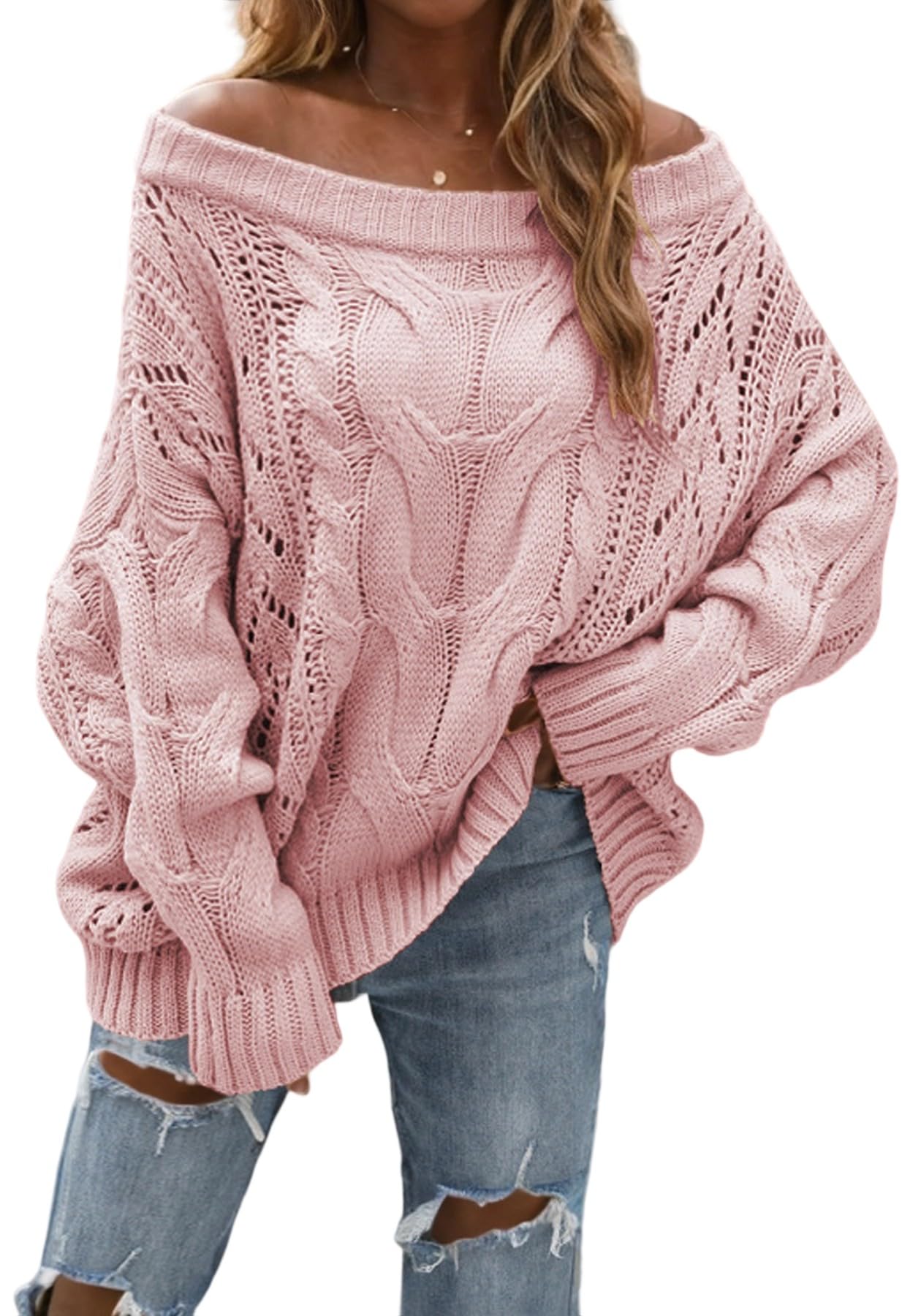 LAJIOJIO Womens Sexy Off The Shoulder Sweaters Oversized Knit Long Sleeve Crochet Pullover Sweater Top