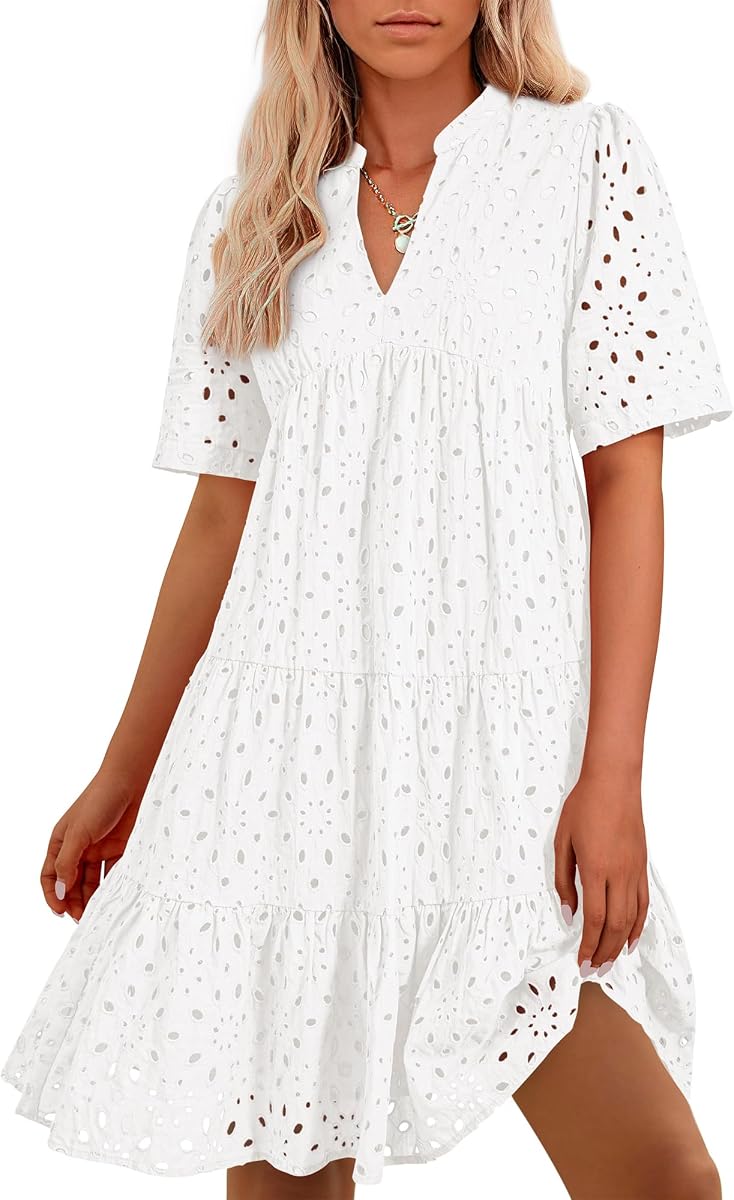 BTFBM Vestidos de verano bohemios con ojales para mujer 2026 | Cuello en V, manga corta, encaje hueco, línea A con volantes, boda, fiesta, baby shower, minivestido informal, ropa de vacaciones en la playa