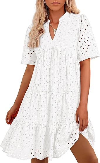 BTFBM Womens Boho Summer Dresses 2026 Spring V Neck Short Sleeve Hollow Out Lace Ruffle Casual Beach Mini Vacation Dress