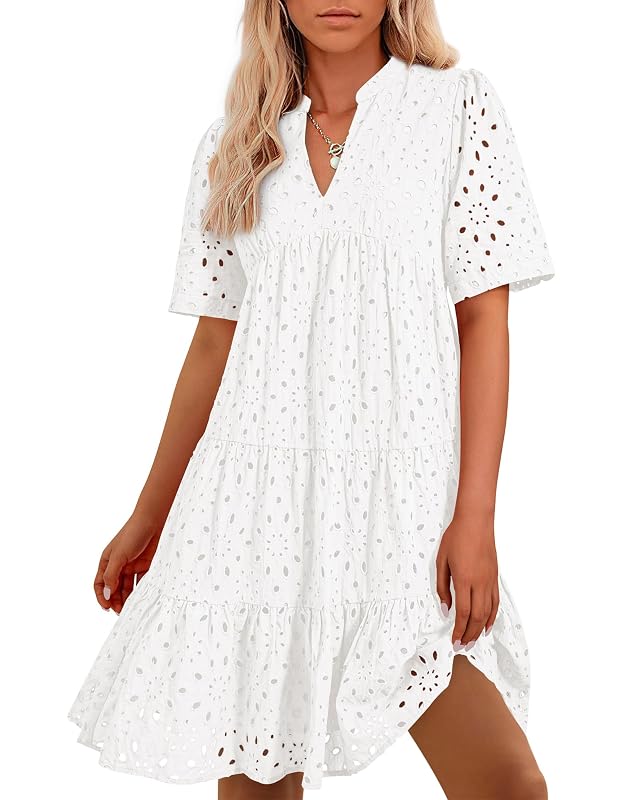 BTFBM Womens Boho Summer Dresses 2026 Spring V Neck Short Sleeve Hollow Out Lace Ruffle Casual Beach Mini
