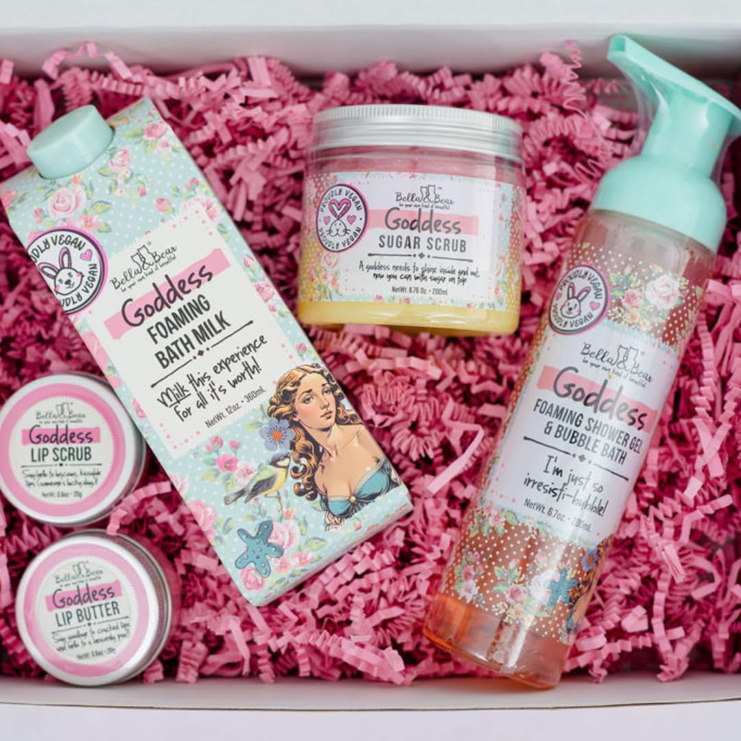 Bella & Bear Goddess Mega Bath & Body Gift Set with Foaming Shower Gel & Bubble Bath, Bath Milk, Body Scrub & Lip Scrub and Lip Butter - Gift for Women