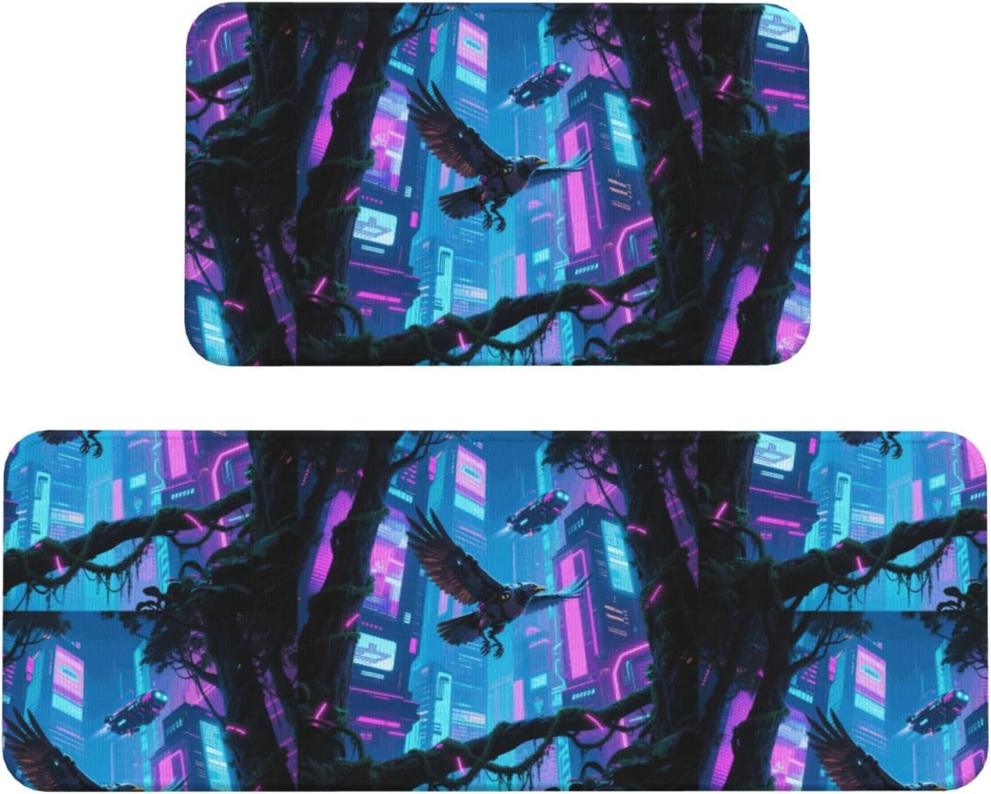 Giant Flying Mechanical Bird Kitchen Rugs Set of 2, Cushioned Anti-Fatigue Kitchen Mats for Floor, Waterproof Comfort Standing Mat Absorbent Velvet Kitchen Runner Rugs 17"x30"+17"x47"