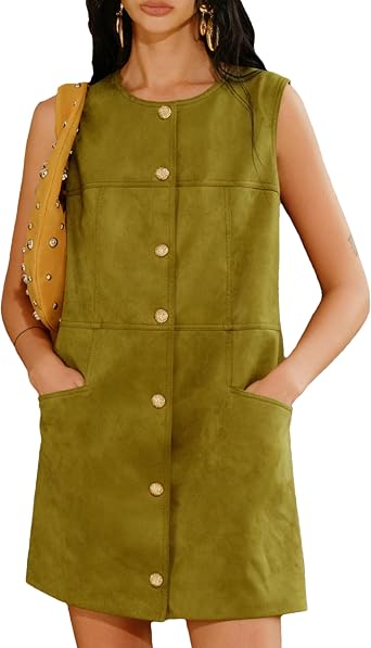 Bozanly Womens Vintage Faux Suede Pinafore Dress Button Down Mini Dresses