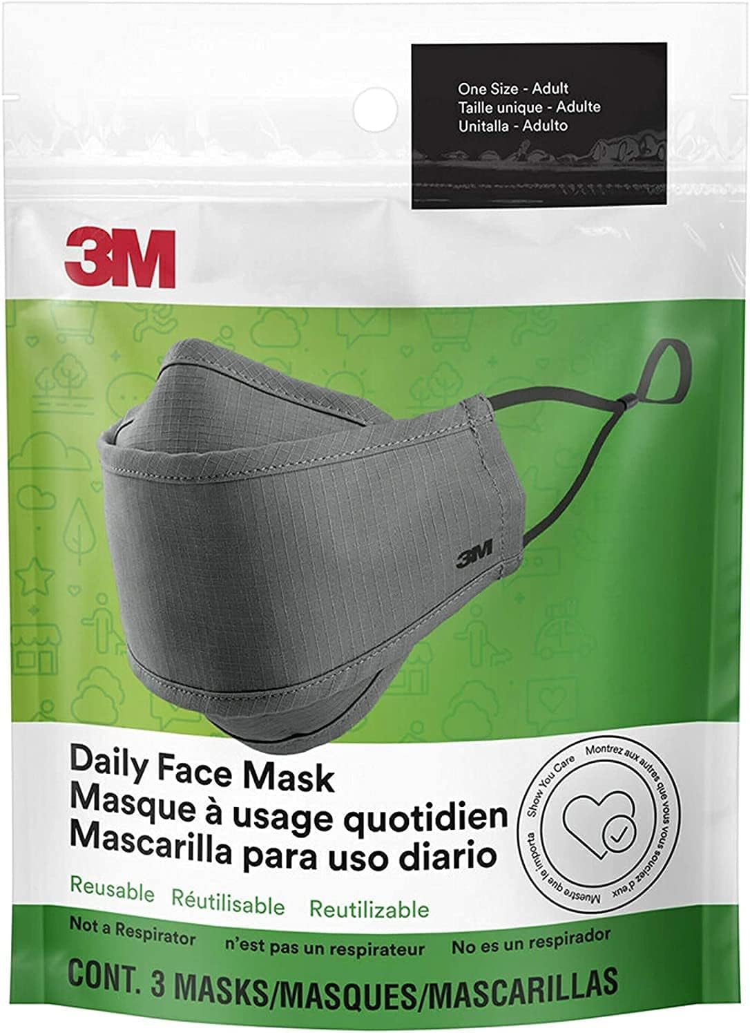 3M Daily Face Mask, Reusable, Washable, Adjustable Ear Loops, Lightweight C