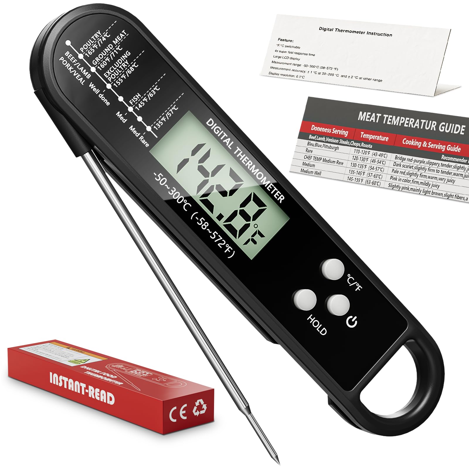 RUN HELIX Digital Meat Thermometer - Instant Read Food Thermometer with Backlight LCD Screen, Foldable Long Probe, Perfect for Cooking, BBQ, Candy Making, Milk, Water & Meat (Black)