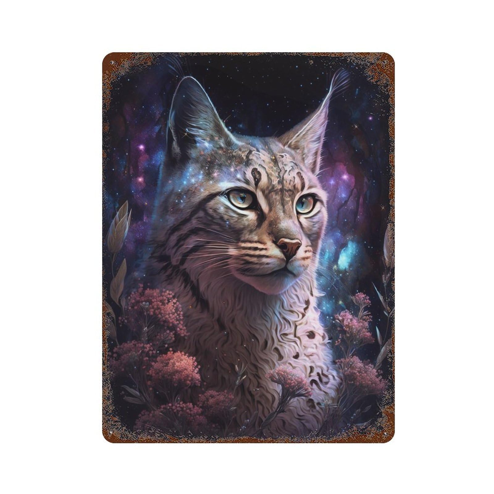 Vintage Rust Metal Sign with Galactic Lynx Celestial Feline Art Design 15.7"x11.8", for Office, Studio And Wall Decor, Farmhouse Wall Decor