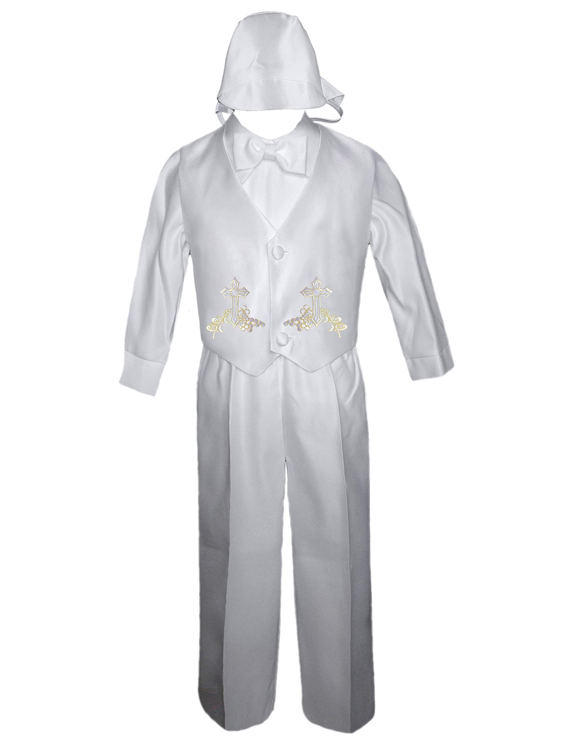 4 PC Baby Boys Christening Baptism Communion Pants Set Gold or Sliver Embroidery Thick Cross SM-4T (4T, Thick Cross Gold - No Words)