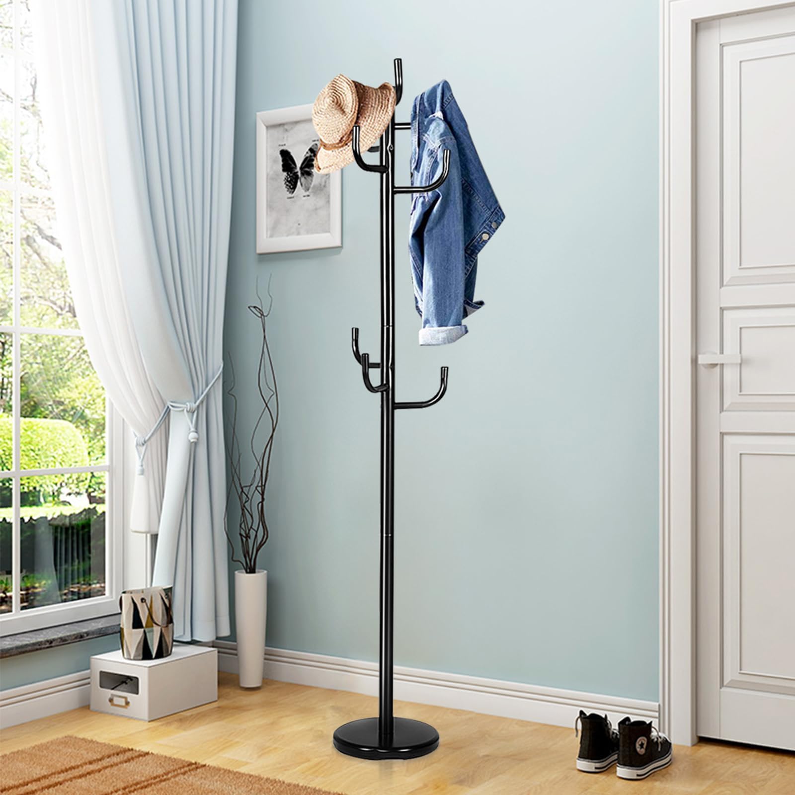 RELAX4LIFE Appendiabiti da Terra, Attaccapanni in Metallo con 8 Ganci per Vestiti, Borse e Cappello, Appendiabiti da Pavimento con Base Stabile per Salone, Ufficio e Negozio, Nero (30x175cm(ØxA))