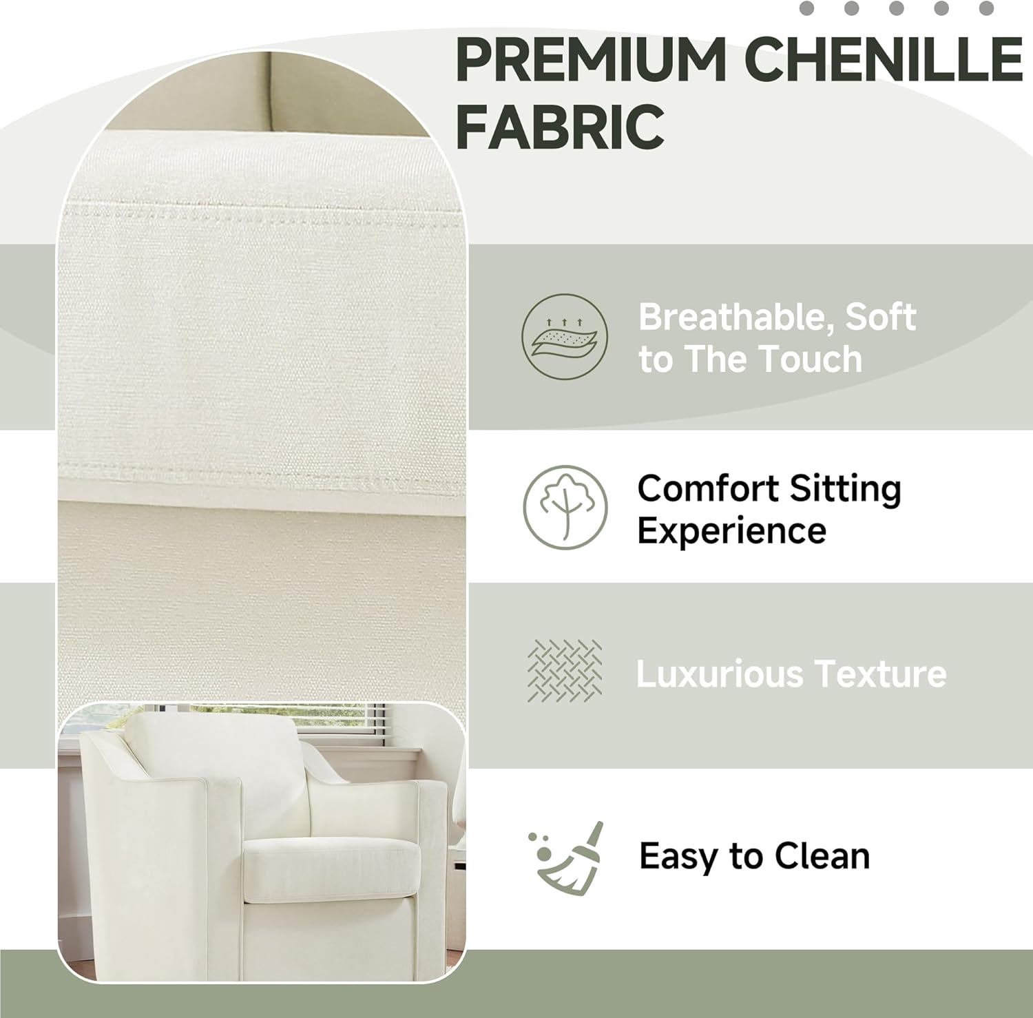 Close-up of the chenille fabric upholstery, highlighting its breathable, soft, and luxurious texture.