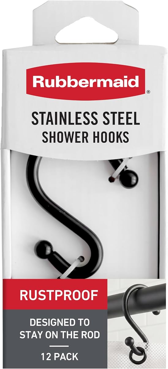 Ganchos de ducha, anillos de ducha en forma de S de acero inoxidable para baño, juego de 12 ganchos, se adapta a cualquier barra de ducha estándar, negro mate