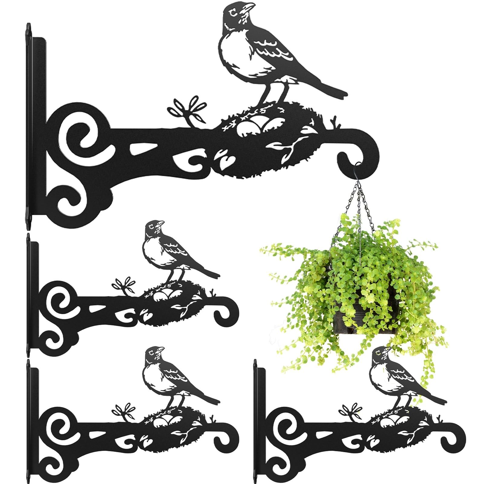 4-Pack Aesthetic Wall Plant Hanger Indoor and Outdoor – 10 Inch Metal Hanging Plant Bracket with Beautiful Bird Pattern – Heavy Duty Plant Hooks for