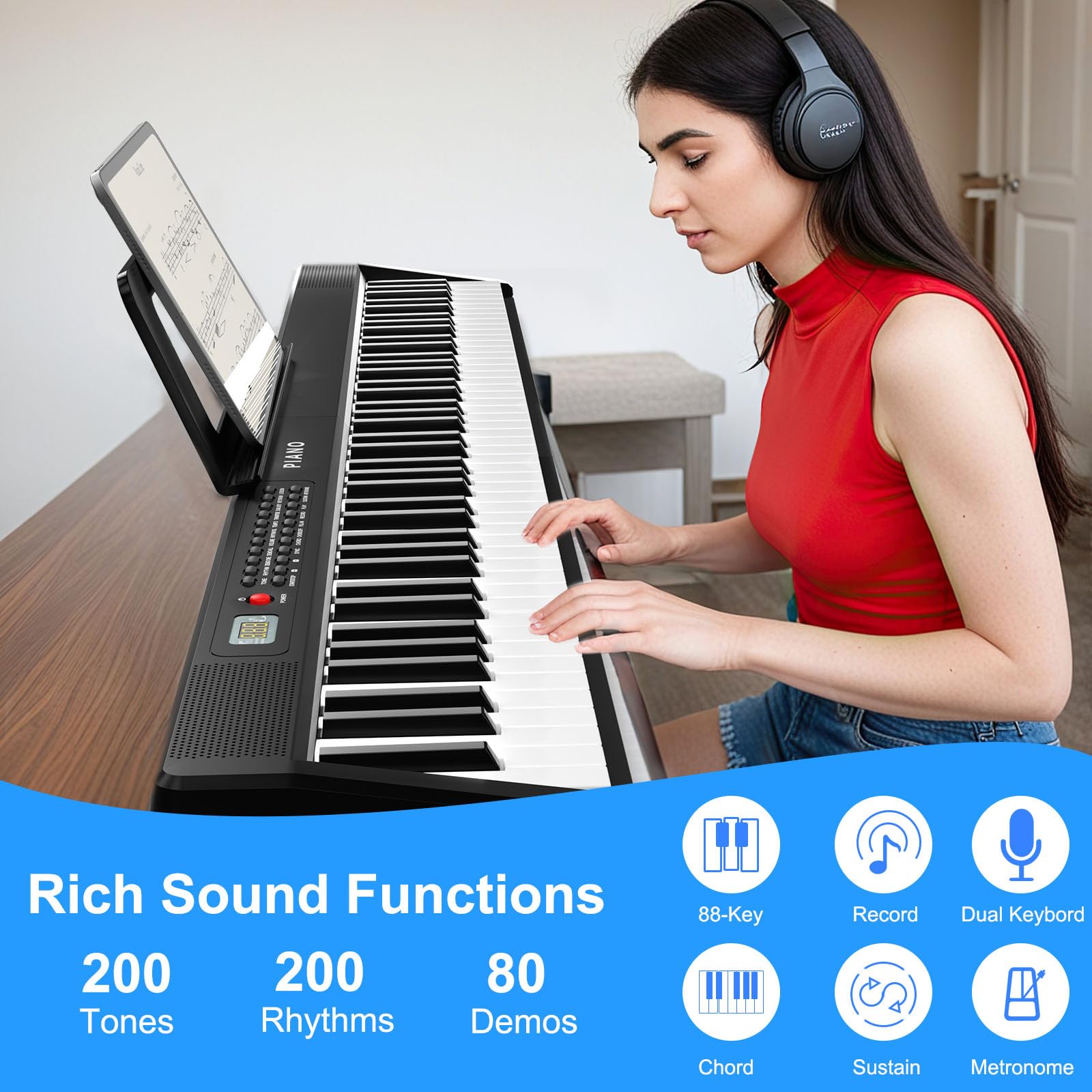 Clavier de piano électronique, pliable, taille complète, 88 touches, avec adaptateur d'alimentation, pédale, support de partition, autocollant, sac, pour débutants, noir