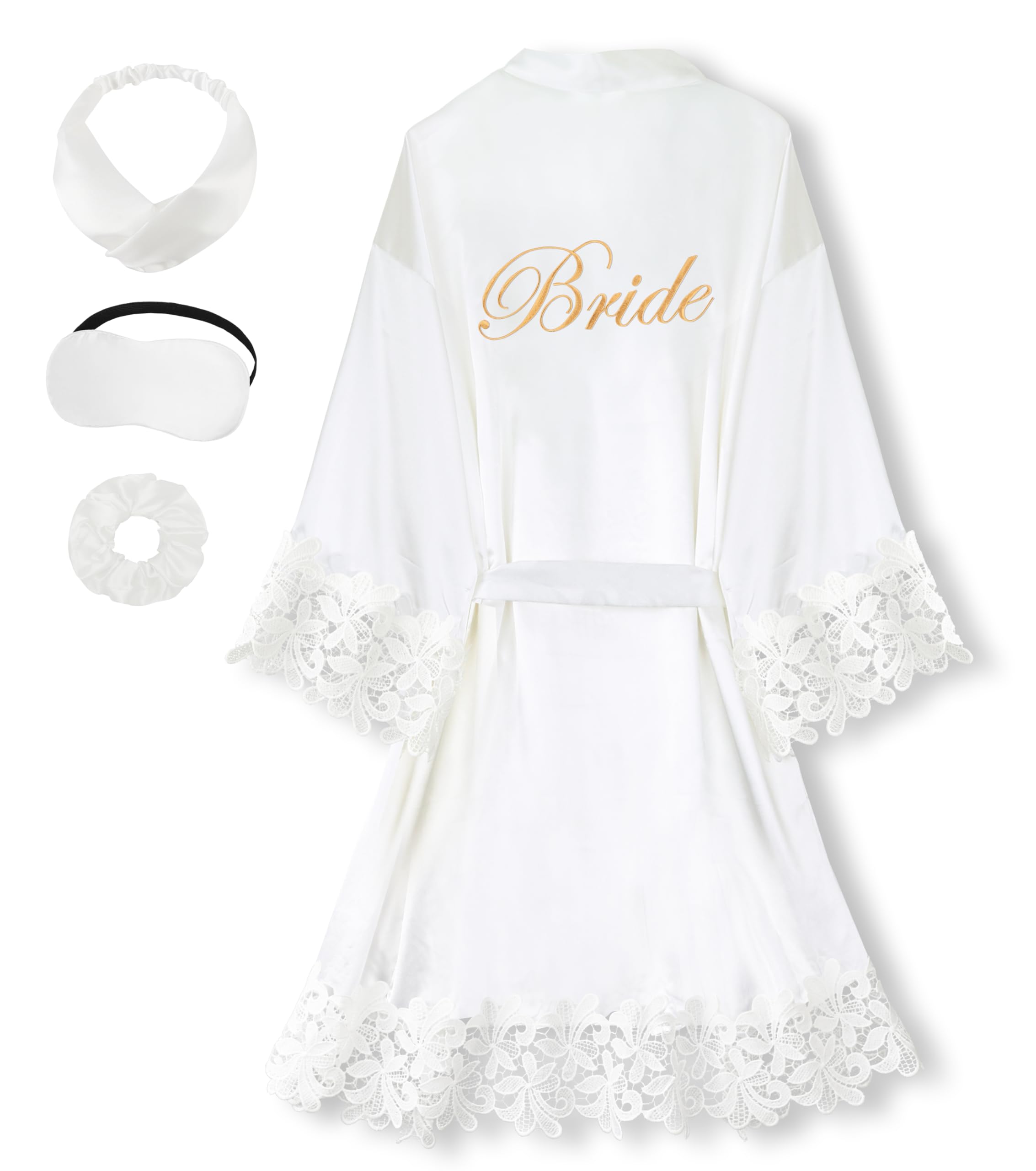 Bride Robe for Wedding Day Set Bridal Robe Lace Trim Silky Embroidery Satin Kimono for Bridal Party