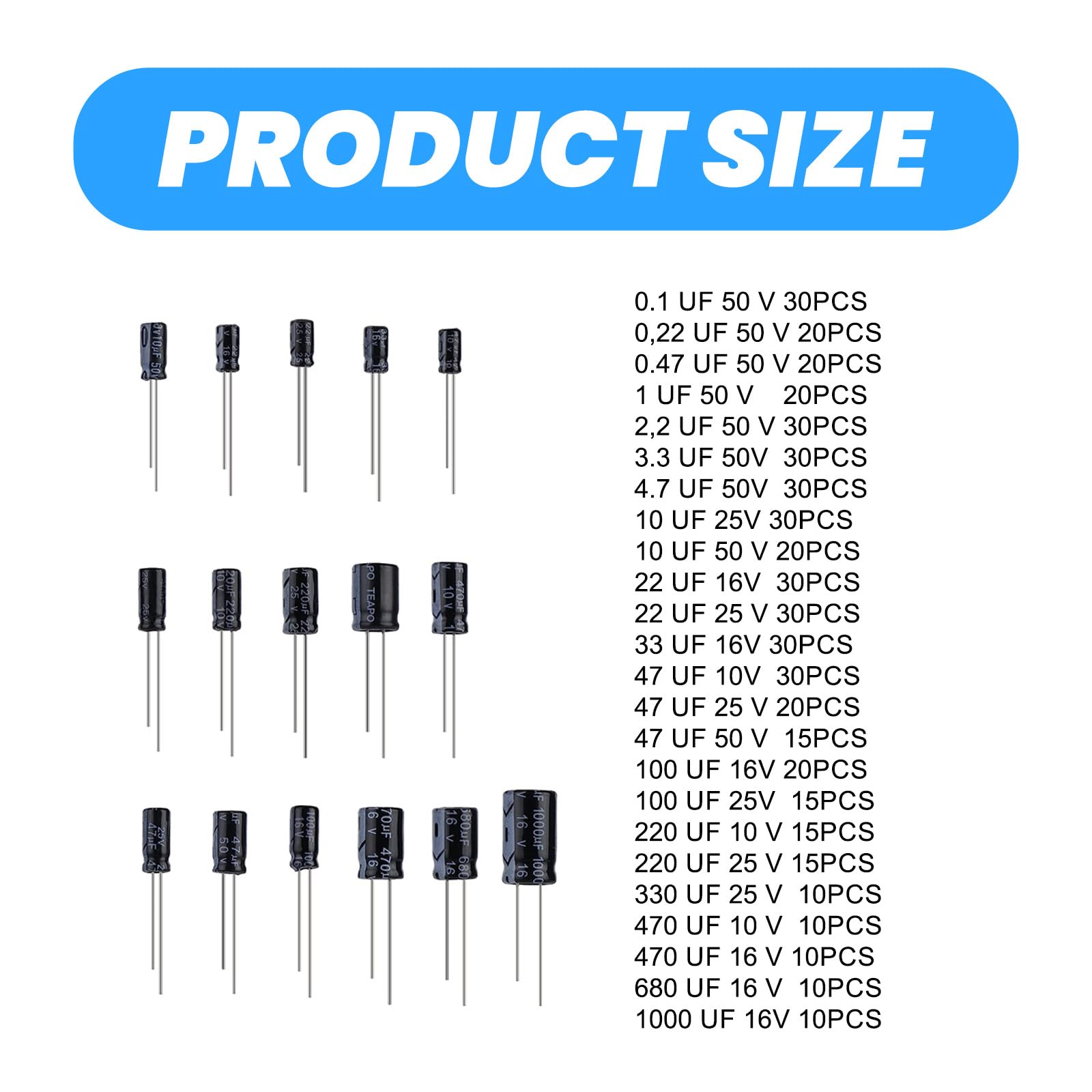 Set 240 Condensatori Elettrolitici Metallizzati - Valori 0.1uF-1000uF, Tensione 10V 16V 25V 50V