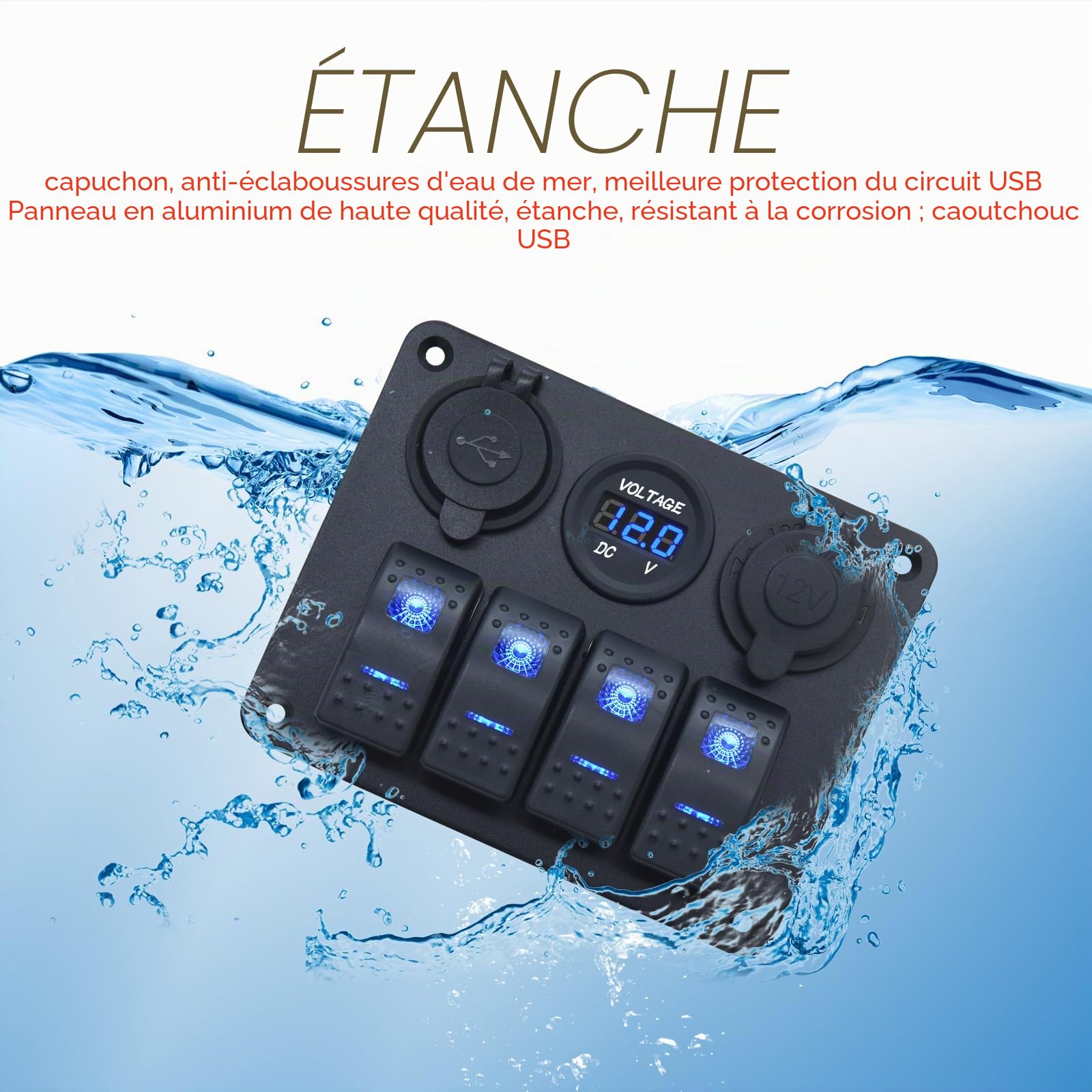 Geloo Panneau d'interrupteur étanche 4 vitesses avec prise USB 3,1 A - Prise allume-cigare - Voltmètre pour camion, bateau, voiture, camping-car