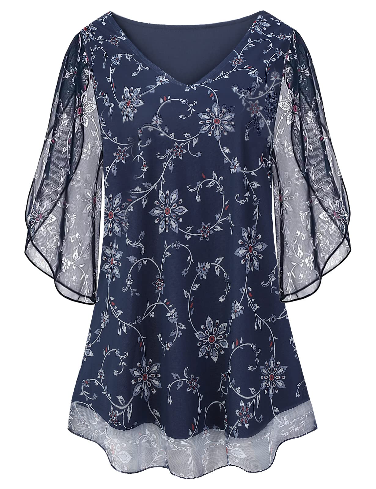 SyphibyWomens Overlap Ruffle Sleeve V Neck Elastic Mesh Blouse Loose Flowy Tunic Tops