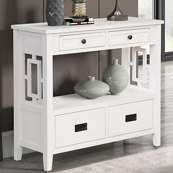 P PURLOVE Sofa Table Console Table for Entryway Wood Table with 4 Storage Drawers and 1 Shelf for Living Room Hallway Bedroom Antique White