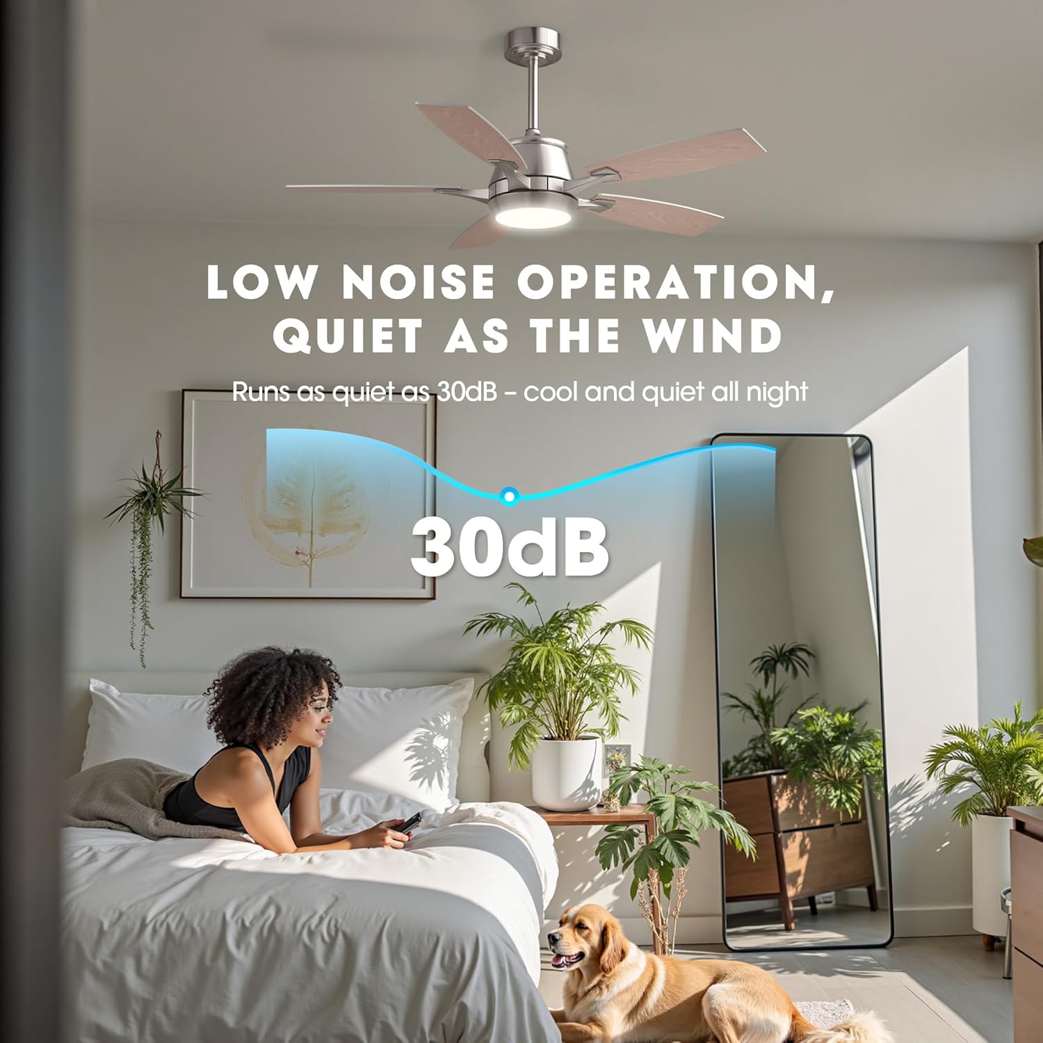 52" Ceiling Fan with Light, Modern Low Profile Ceiling Fan with Light, DC Reversible Motor, Smart APP & Remote Control, Whisper Quiet, Dimmable LED for Bedroom/Living Room
