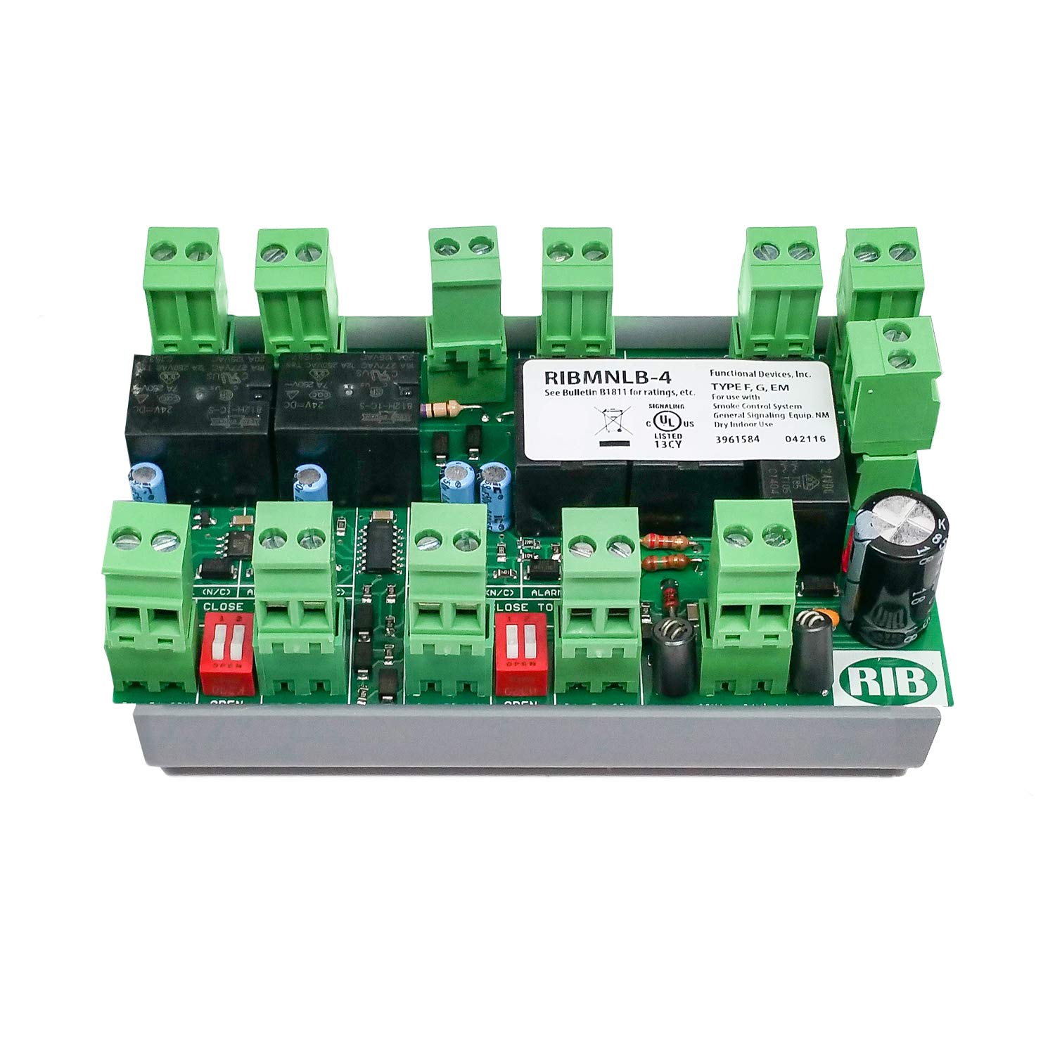 Functional Devices RIBMNLB-4 AHU Fan Safety Alarm and General Purpose Logic Circuit, 24 Vac/dc Power Input, 4 Alarm Inputs All with N/C Outputs, 2.75" Track Mount