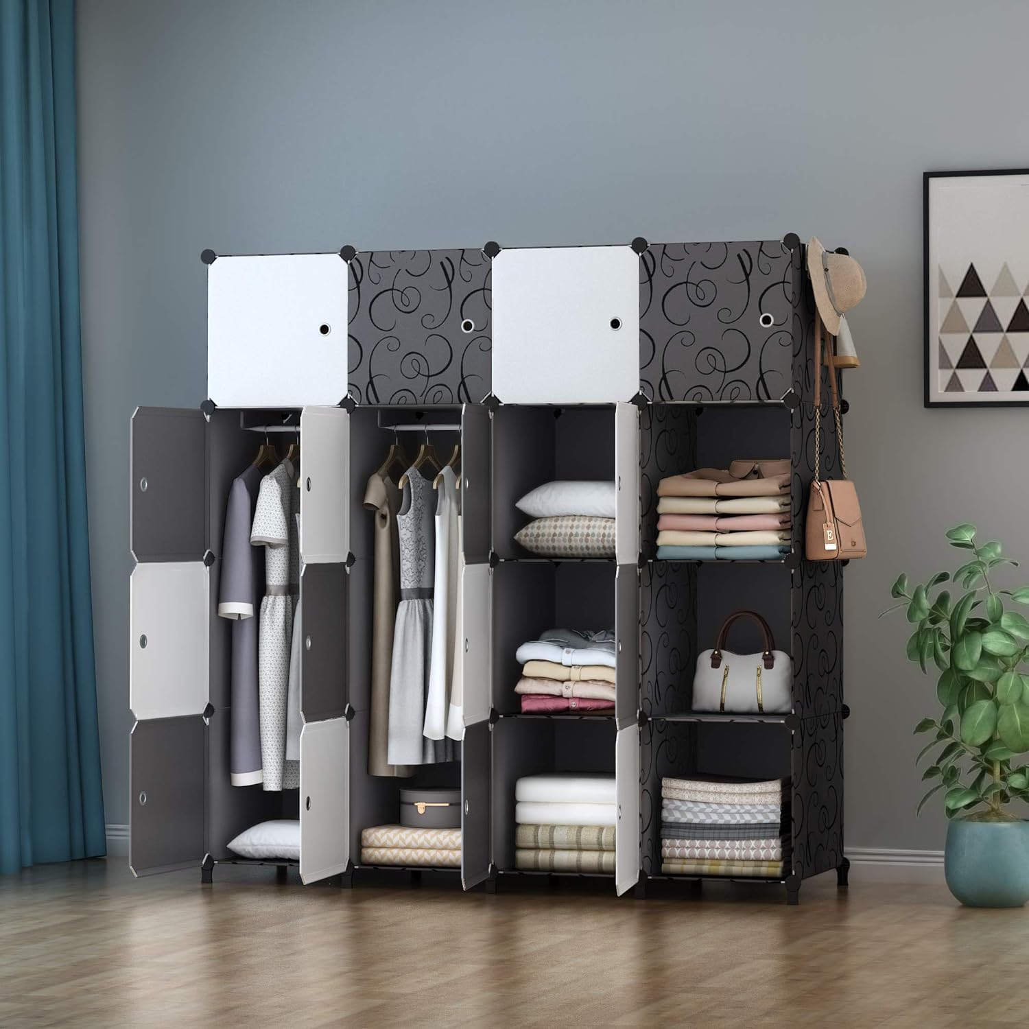 HOMIDEC Kleiderschrank, Tragbarer Regalsystem Schrank Schlafzimmer, 16 Würfel Schrank aus Kunststoff mit 3 Kleiderstange, Schlaf zimmerschrank (schwarz und weiß)