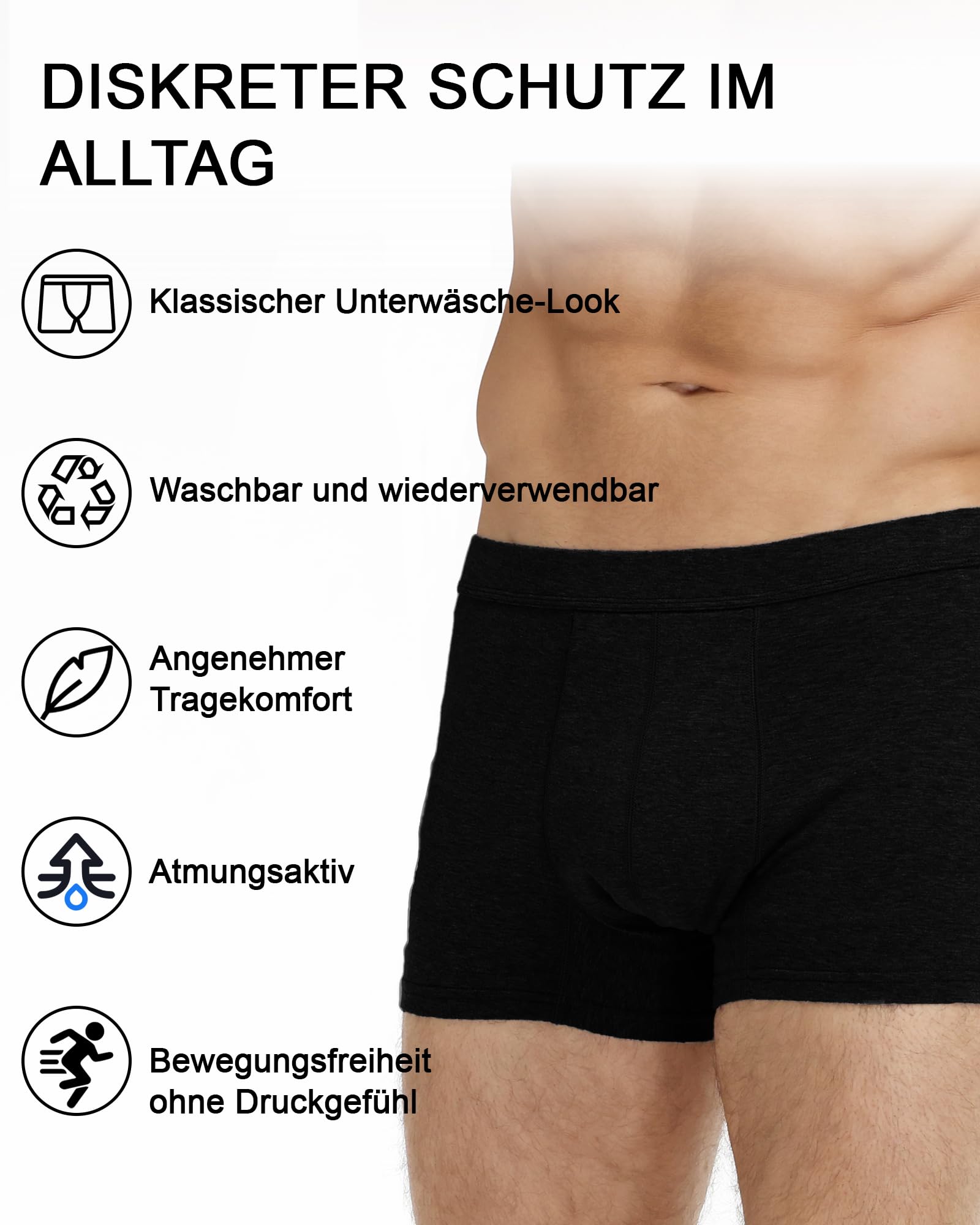 BATTEWA Inkontinenz Pants Männer 50ML Saugfähige Waschbare Inkontinenz Boxershorts, Wiederverwendbare Auslaufsichere Unterhosen 3er Pack, Schwarz, XL