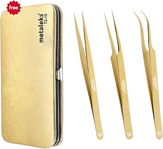 Set of 3 Professional Eyelash Extension Tweezers 14cm Japanese Stainless Steel Soft in Use Light In weight Pointed Straight & Curved Tips In Golden Titanium Coated with Magnetic Pouch.