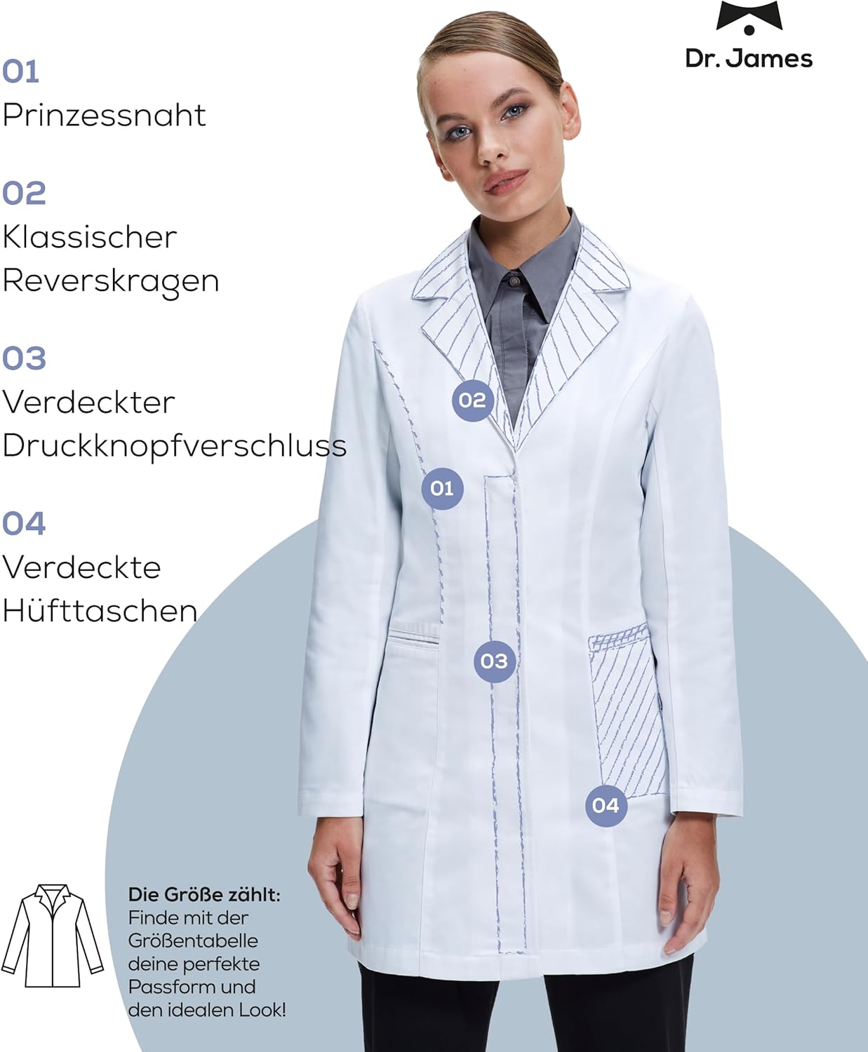 Dr. James Premium Lab Coat for Women, Hip Pockets, Tailored Fit, Concealed Snap Closing, 33" Length - Image 2