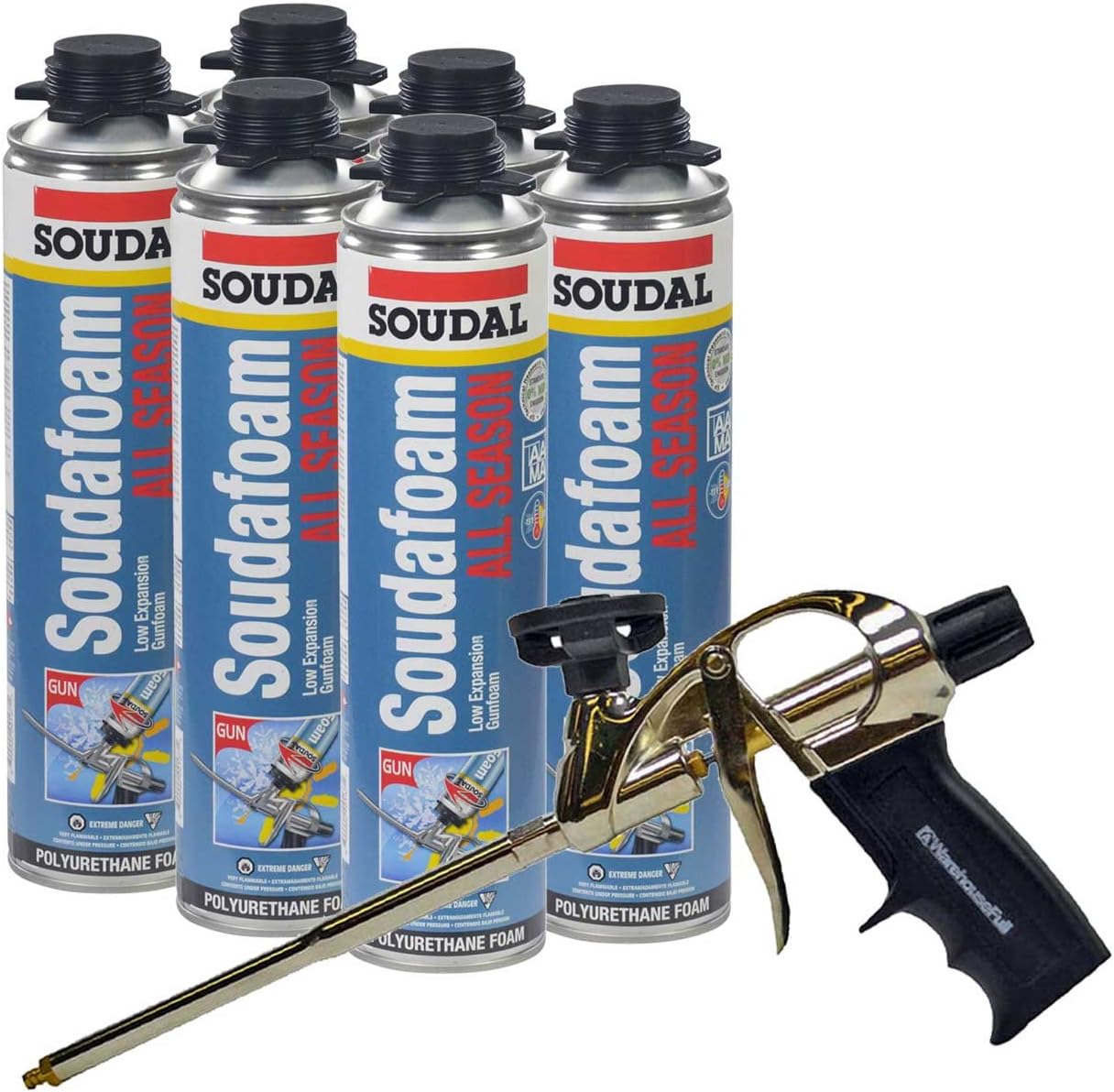 Soudal Kit, 6 Cans All Season Window & Door Foam, AWF Pro Foam Gun, 1 Gun & Foam Cleaner