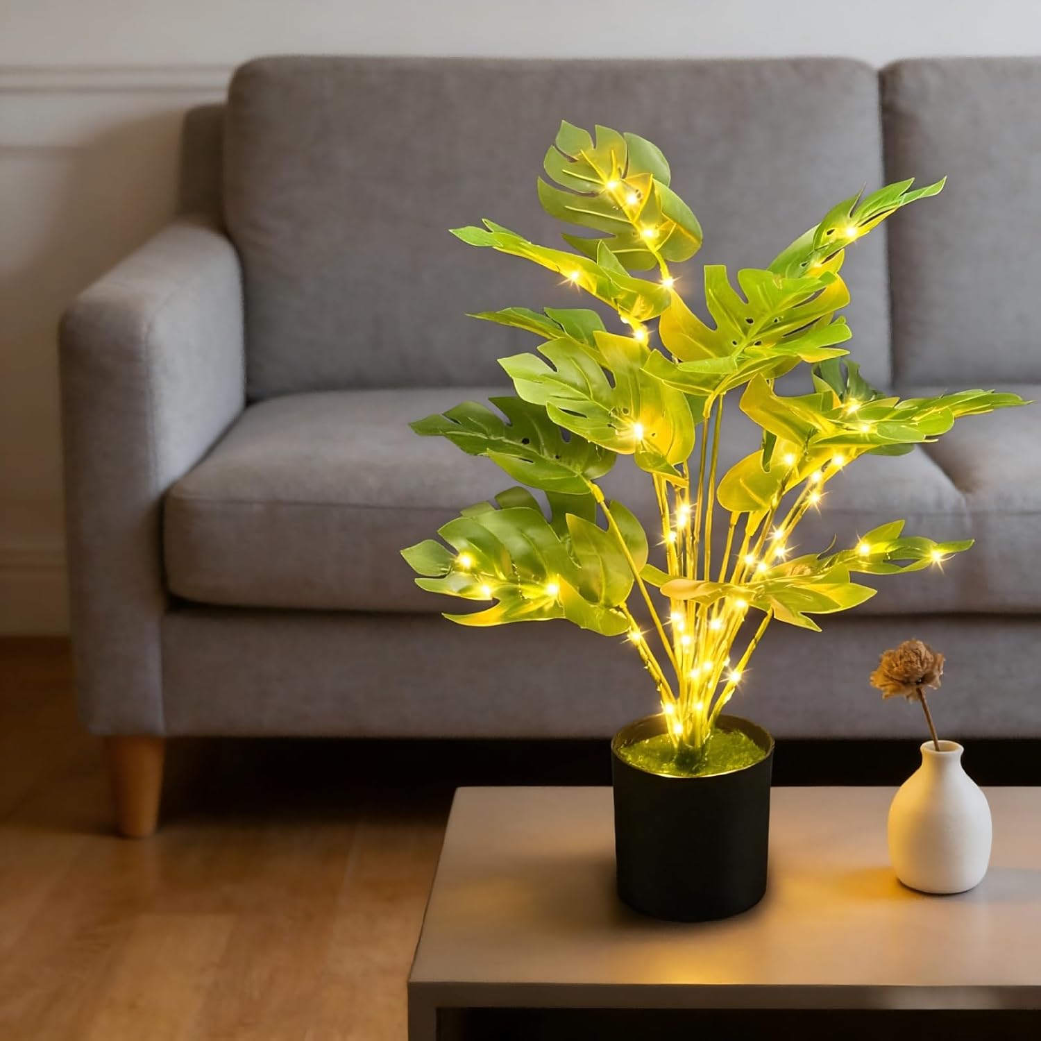 20" Lighted Faux Monstera Plant with LED Lights - USB & Battery Box Powered - LED Artificial Monstera Tree for Living Room, Home Decor, Indoor Decoration (Turtle-Back Bamboo)