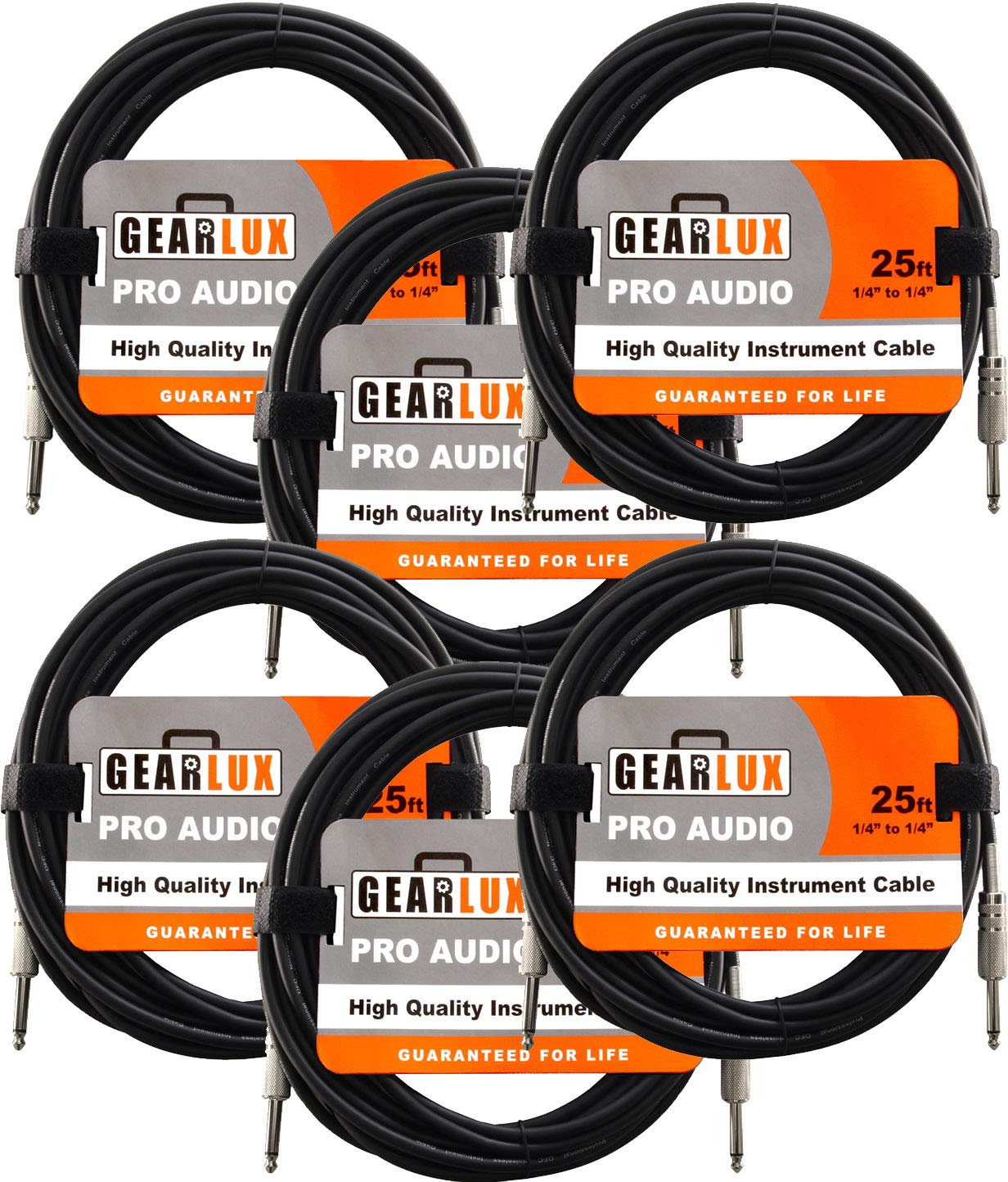 gearlux 1/4-Zoll-Instrument Kabel – Schwarz 25 Foot 6er-Pack