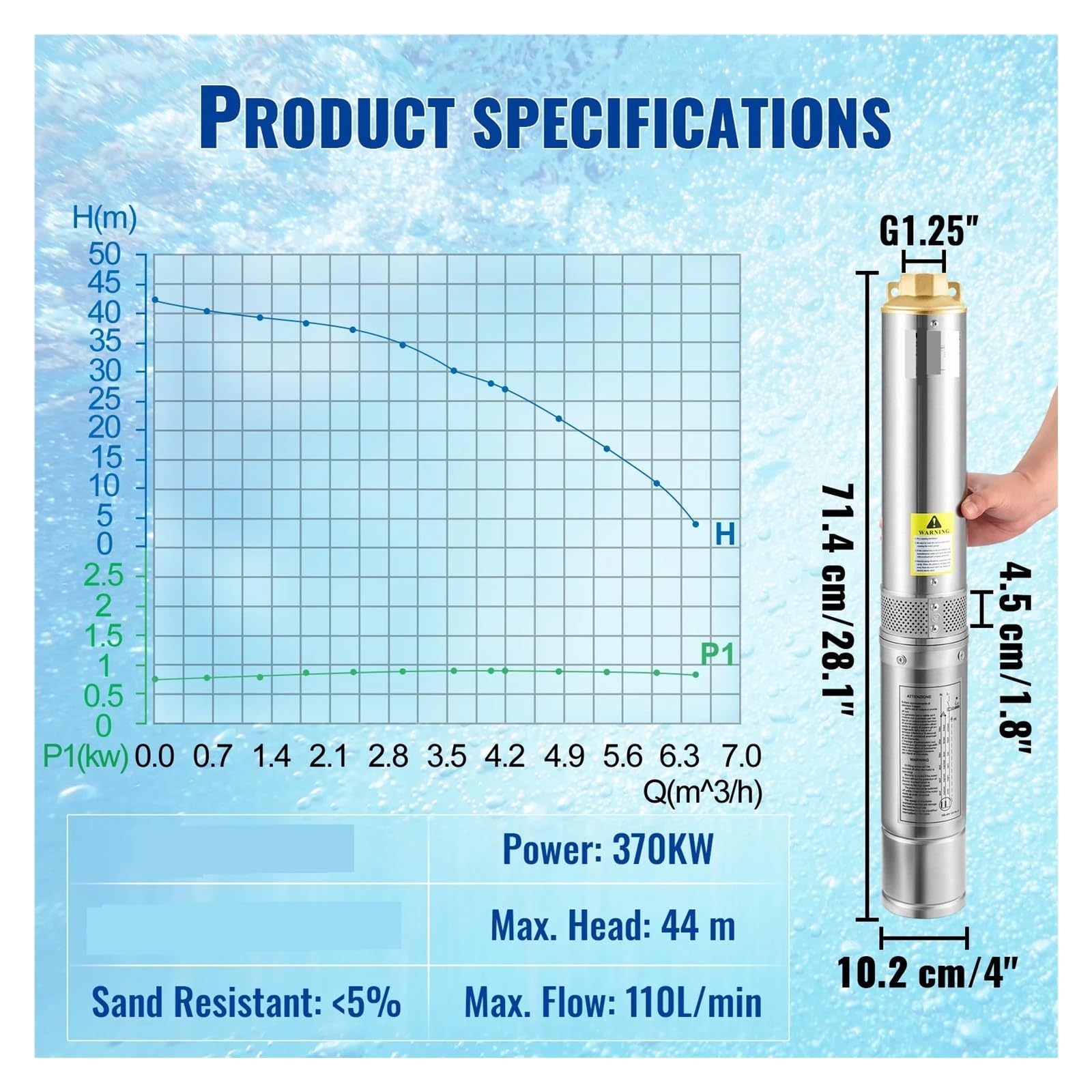 Bomba Sumergible For Pozo Profundo De 370 W, 50 Hz, 110 L/min Con Cable 20 M Y Caja Control Externa For Uso Industrial, Riego Doméstico Potente Flujo De Agua