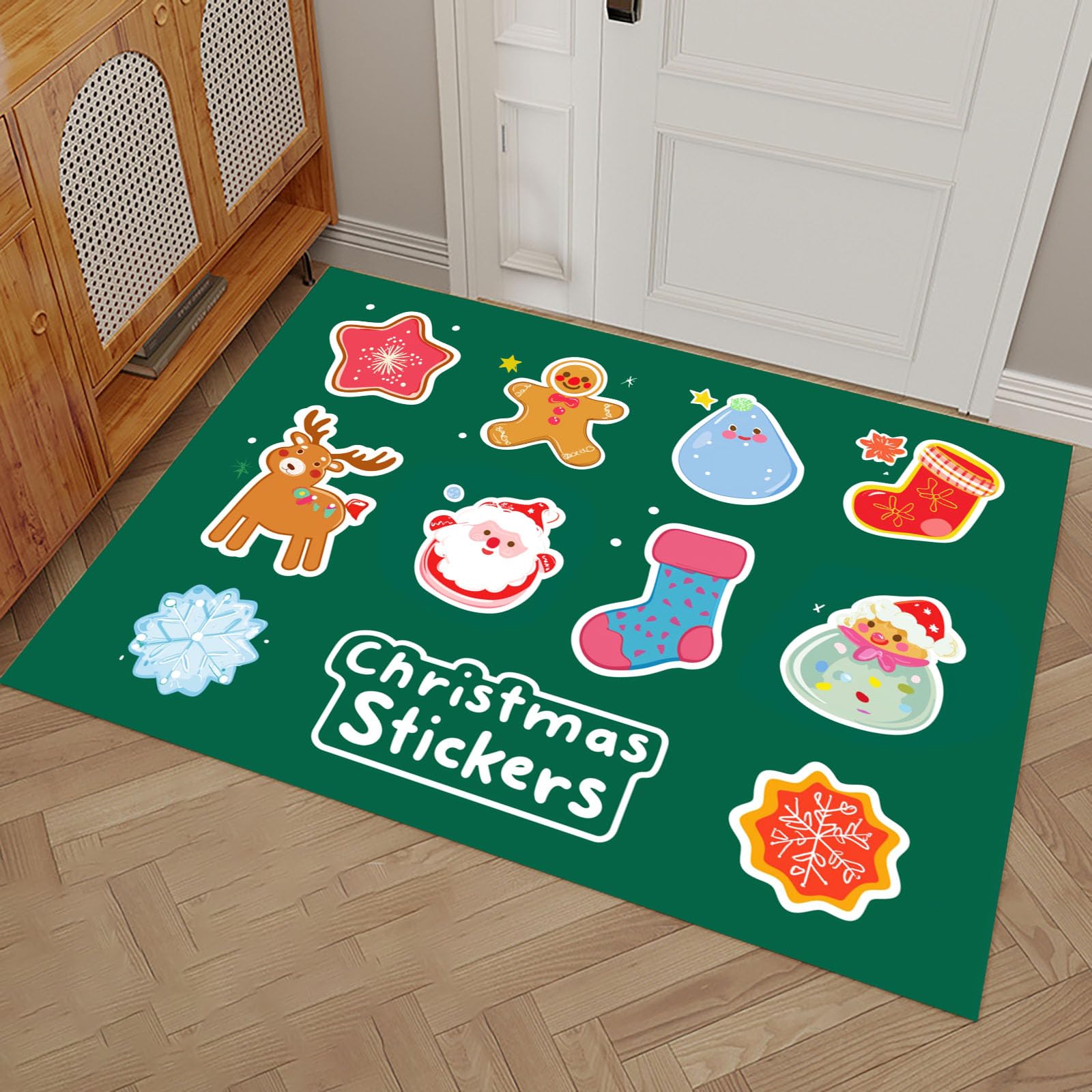 Felpudo Exterior e Interior, 90x150cm Alfombra Entrada Papá Noel Renos Hombre Jengibre Antideslizante Lavable, Alfombrilla Navideños Absorbentes para Puerta de Casa, Pasillo, Cocina, Verde Oscuro