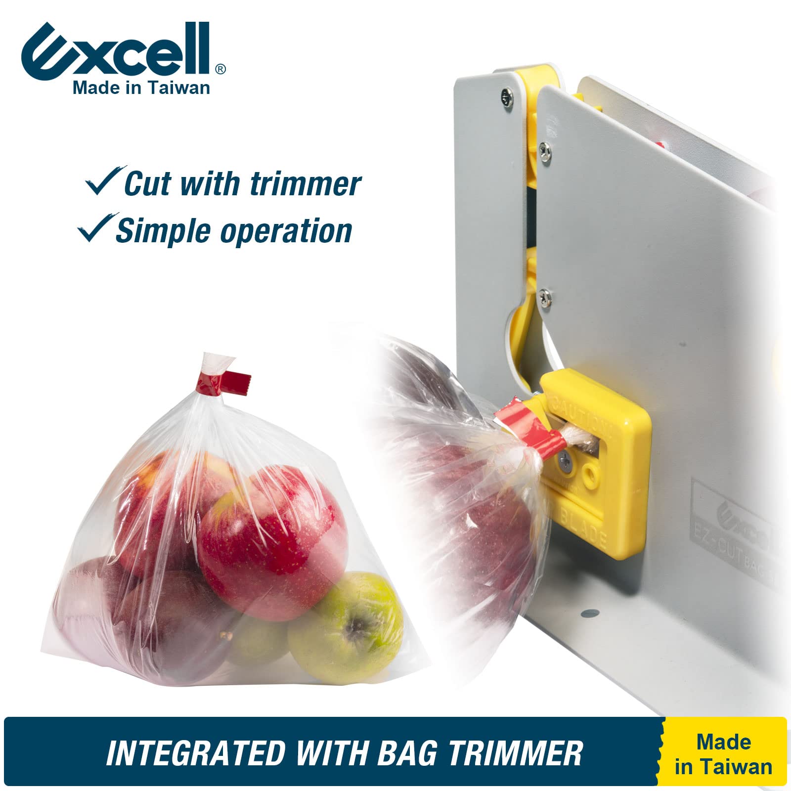 Excell EZ-CUT Taśma uszczelniająca do worków z taśmą do przycinania brzeszczotek o szerokości 9 mm z 1 rolką taśmy uszczelniającej do worków, wytrzymały metalowy dozownik taśmy uszczelniającej do