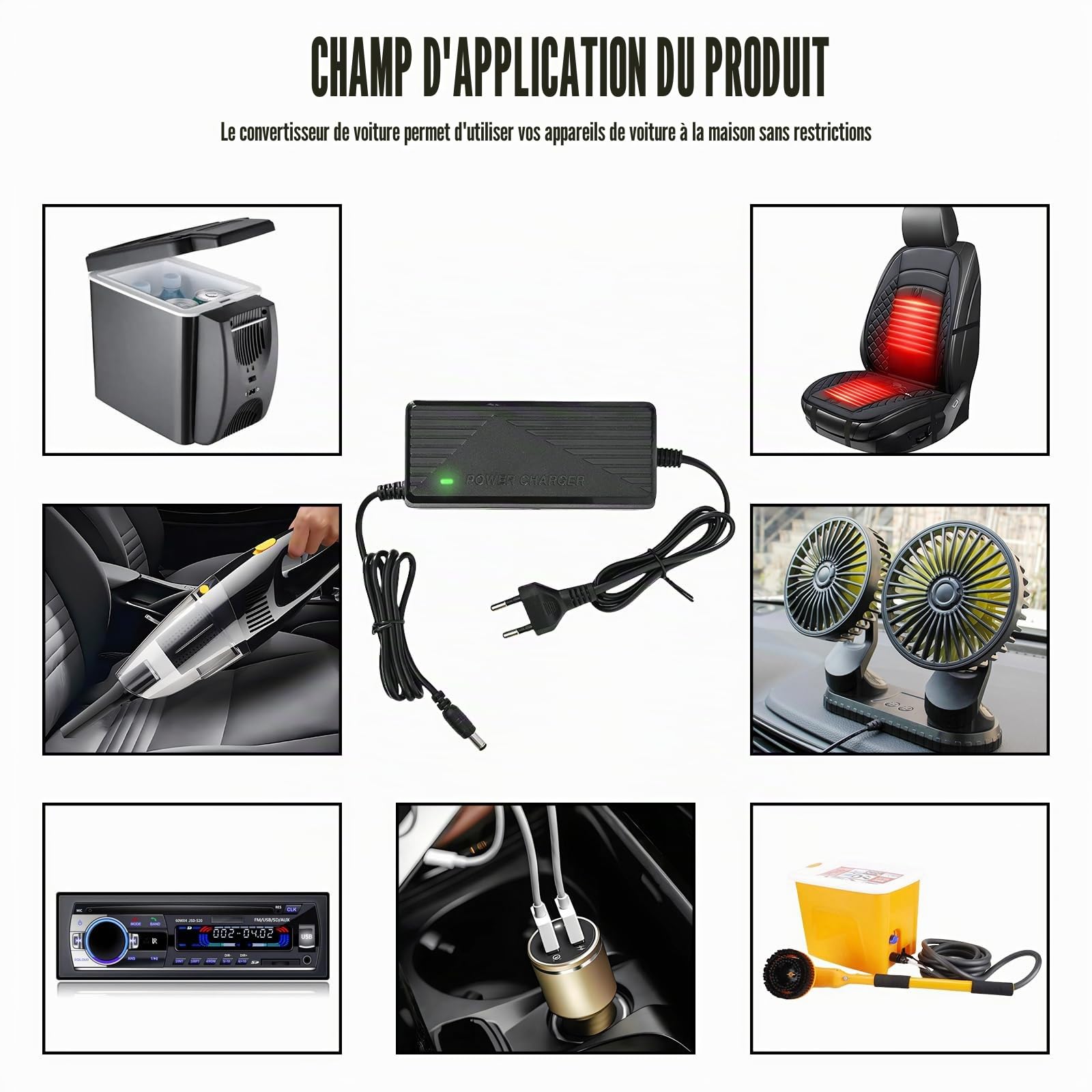 Convertisseur de tension 220 V vers 12 V, adaptateur allume-cigare, adaptateur secteur, adaptateur de glacière, redresseur d'alimentation pour compresseur, glacière, lampes LED et ventilateurs