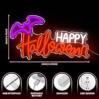 Vista 2 de Treela Halloween Neon Sign Happy Halloween Sign Wall Decor LED Neon Window Lights USB Powered Bat Light up Bat for Wall Bedroom Living Room Bar