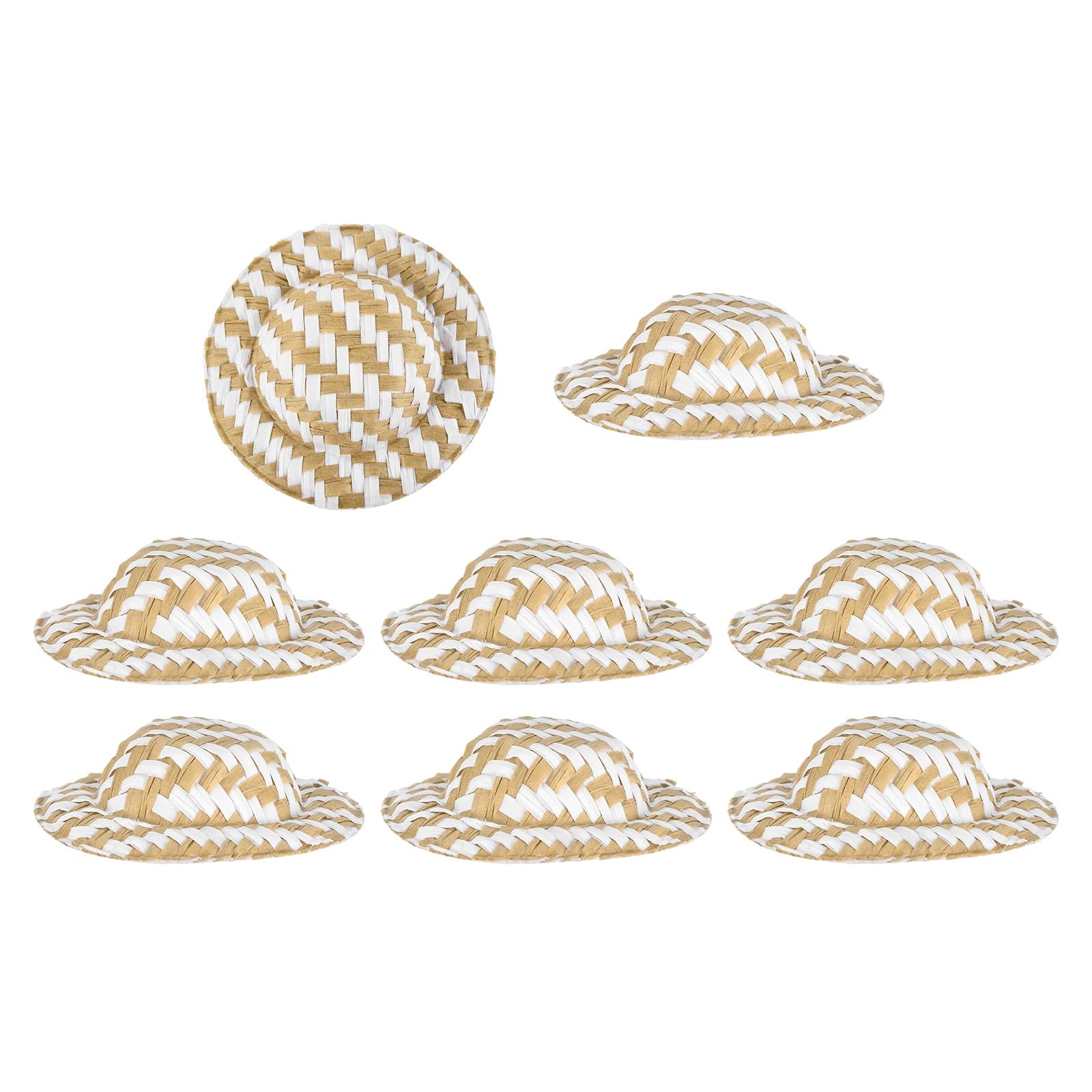 PATIKIL 8 Pcs Mini Straw Hats, 2 x 0.5 Inch Craft Doll Hats Miniature Ornaments Woven Caps for DIY Dollhouse Decoration Hair Accessories Snowman Weddings Party, Ripple Brown/White