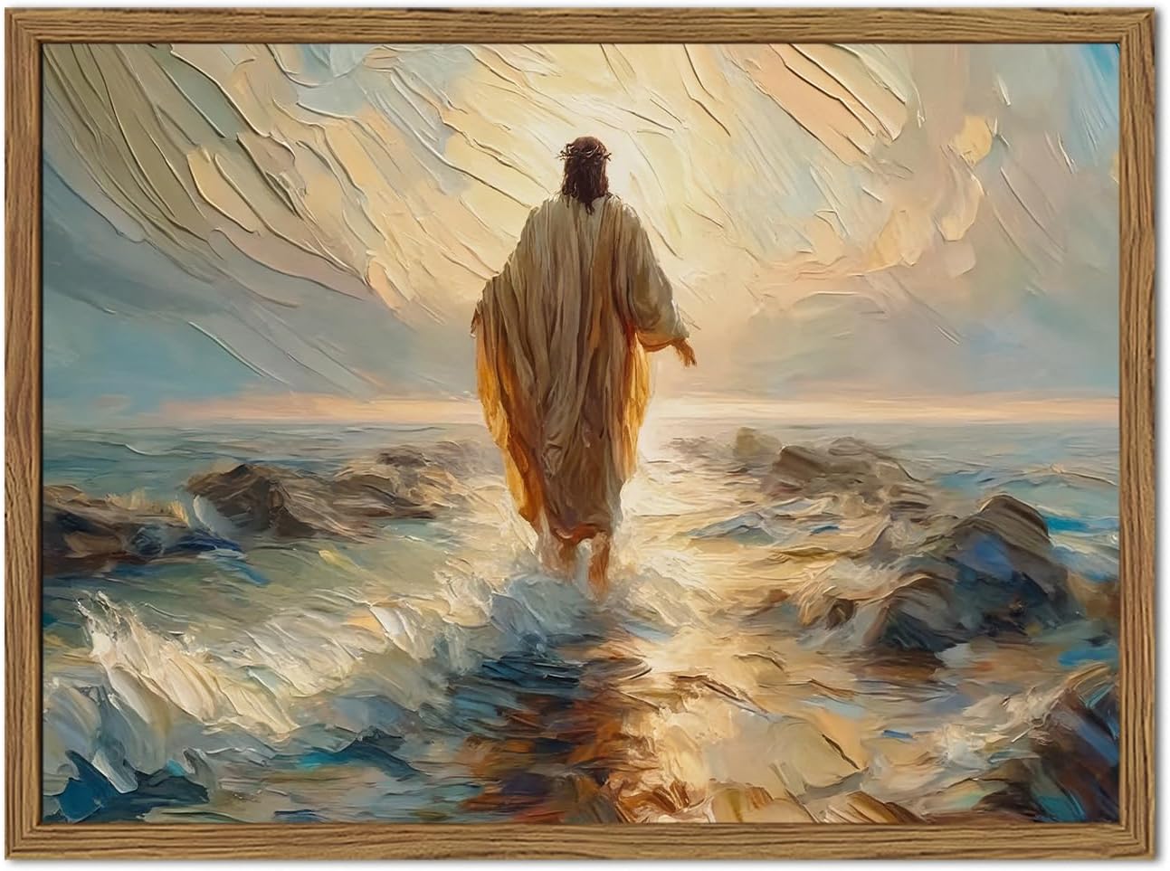 Jesus Walking on Water Wall Art, Christian Inspirational Wall Decor, Religious Bible Canvas Prints Miracle Faith Aesthetic Artwork Picture for Living Prayer Room Bedroom 12x16 inch Wood Framed