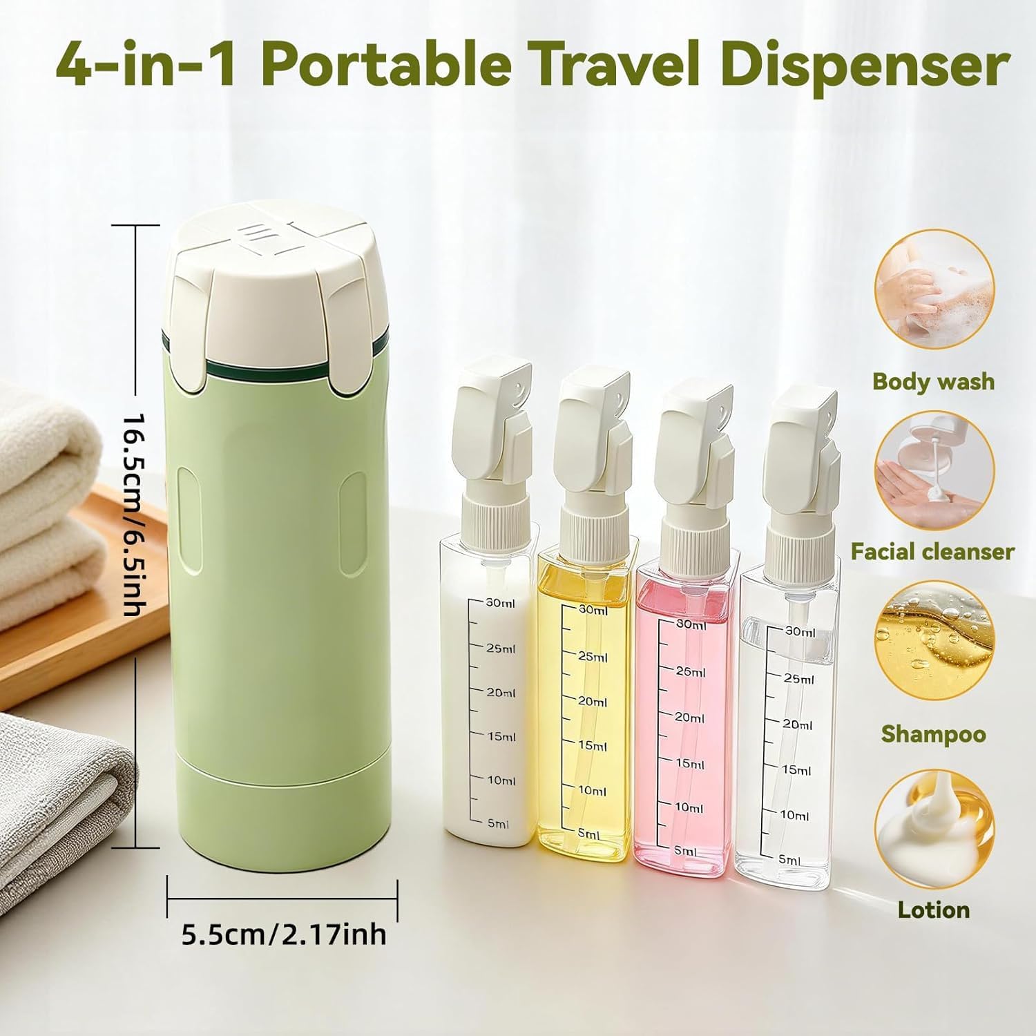 4 in 1 Travel Dispenser Bottle, Refillable Travel Accessory, Multi-Compartment Toiletries Container, Portable Leak Proof Travel Bottles Suitable for Shampoo Lotion Conditioner Cream (2*White)