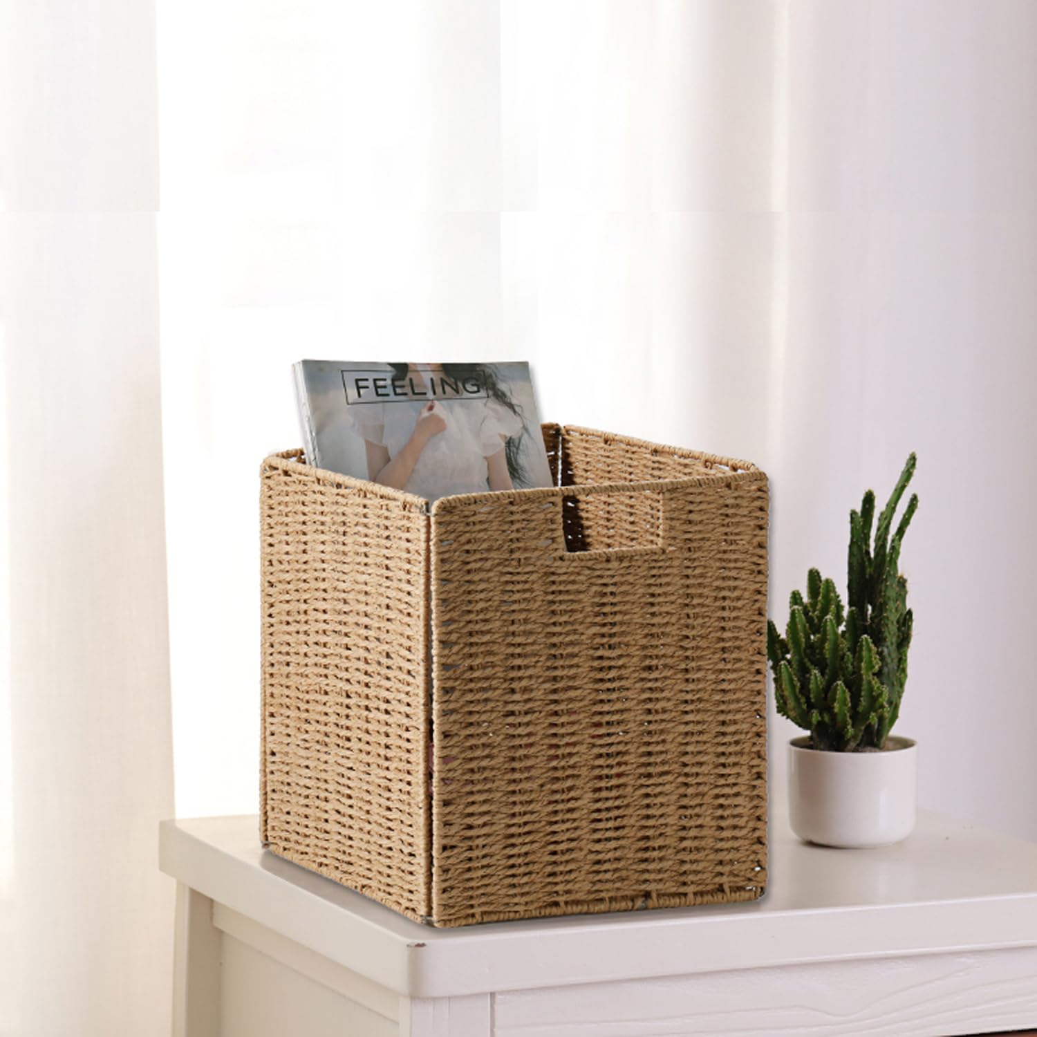 2 Cestas de Almacenaje, Cesta Mimbre Tejidas a Mano Cubo 28CM, Cesta Grande Plegable de Papel de Jacinto de Agua con Asas, Cesto Decorativo para Baño Estanterías Kallax Cocina