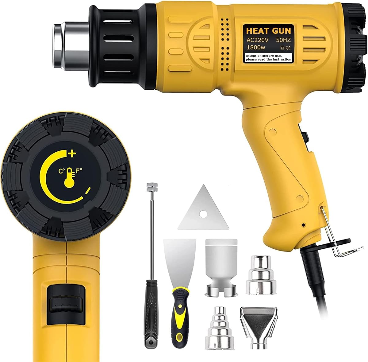 STEUGO Heat Gun 1800W 122℉~1112℉（50℃- 600℃）Fast Heating Heavy Duty Hot Air Gun Kit Variable Temperature Control Overload Protection with 4 Nozzles for Crafts, Shrinking PVC, Stripping Paint(220V)