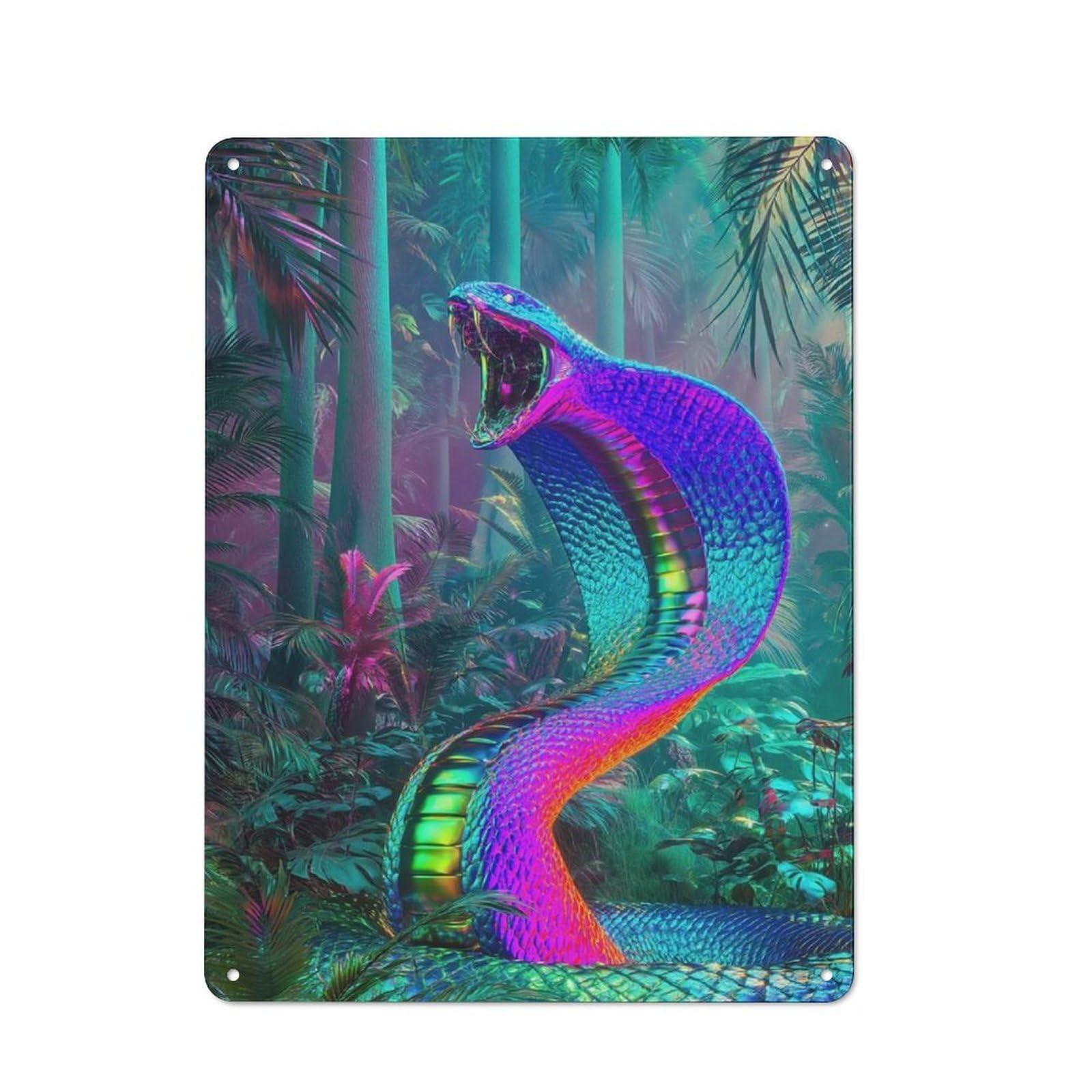 Retro Metal Wall Sign 40x30cm with Neon Cobra in A Lush Jungle for Hallway Wall, Suited to Hallway Decor Lovers
