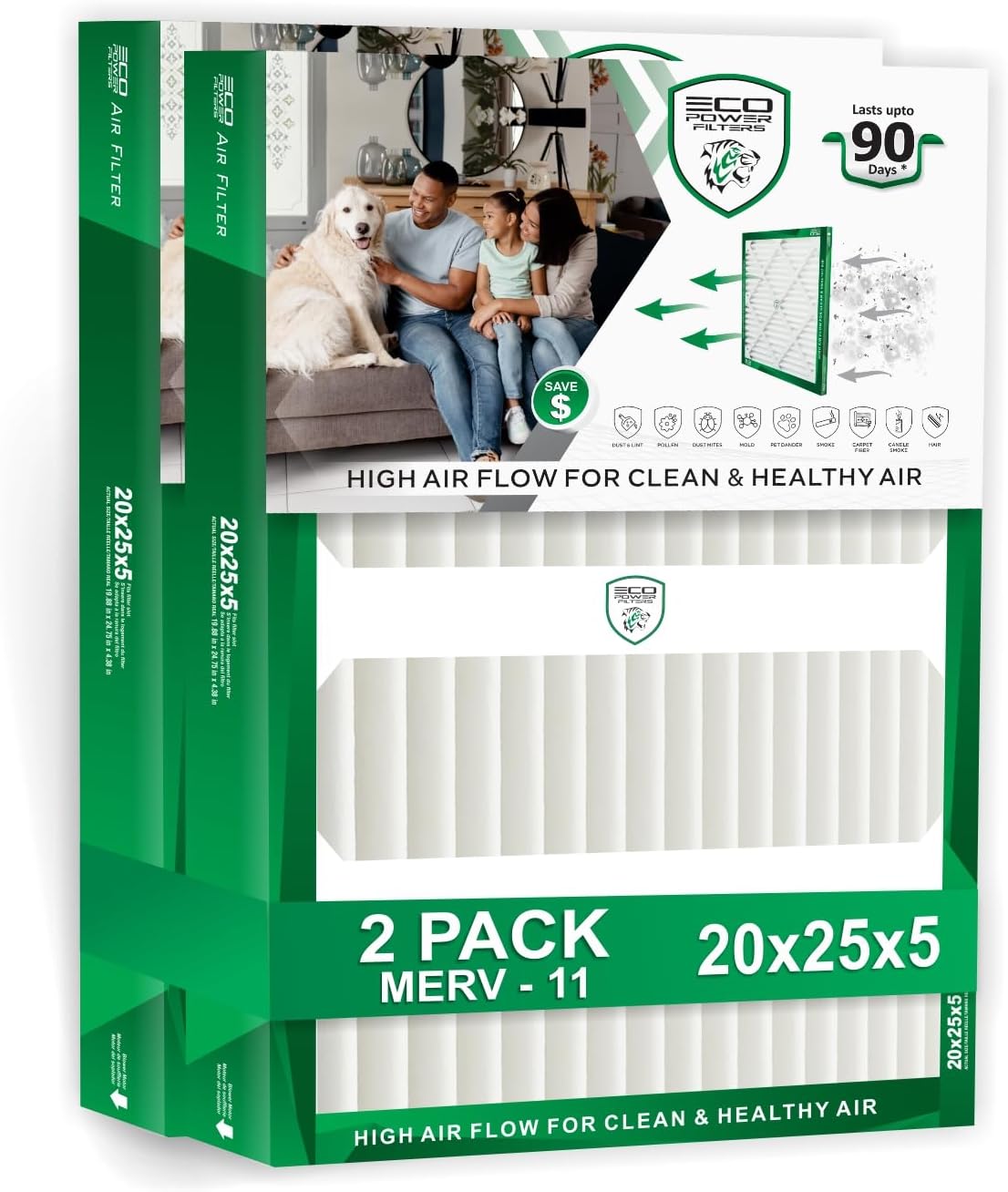 ECO POWER 20x25x5 Air Filter MERV 11 Pleated HVAC AC Furnace Filter 2 Pack – High Efficiency Air Filter Replacement for Home, Captures Dust, Pollen & Pet Dander – (Actual Size 19.88 x 24.75 x 4.38)