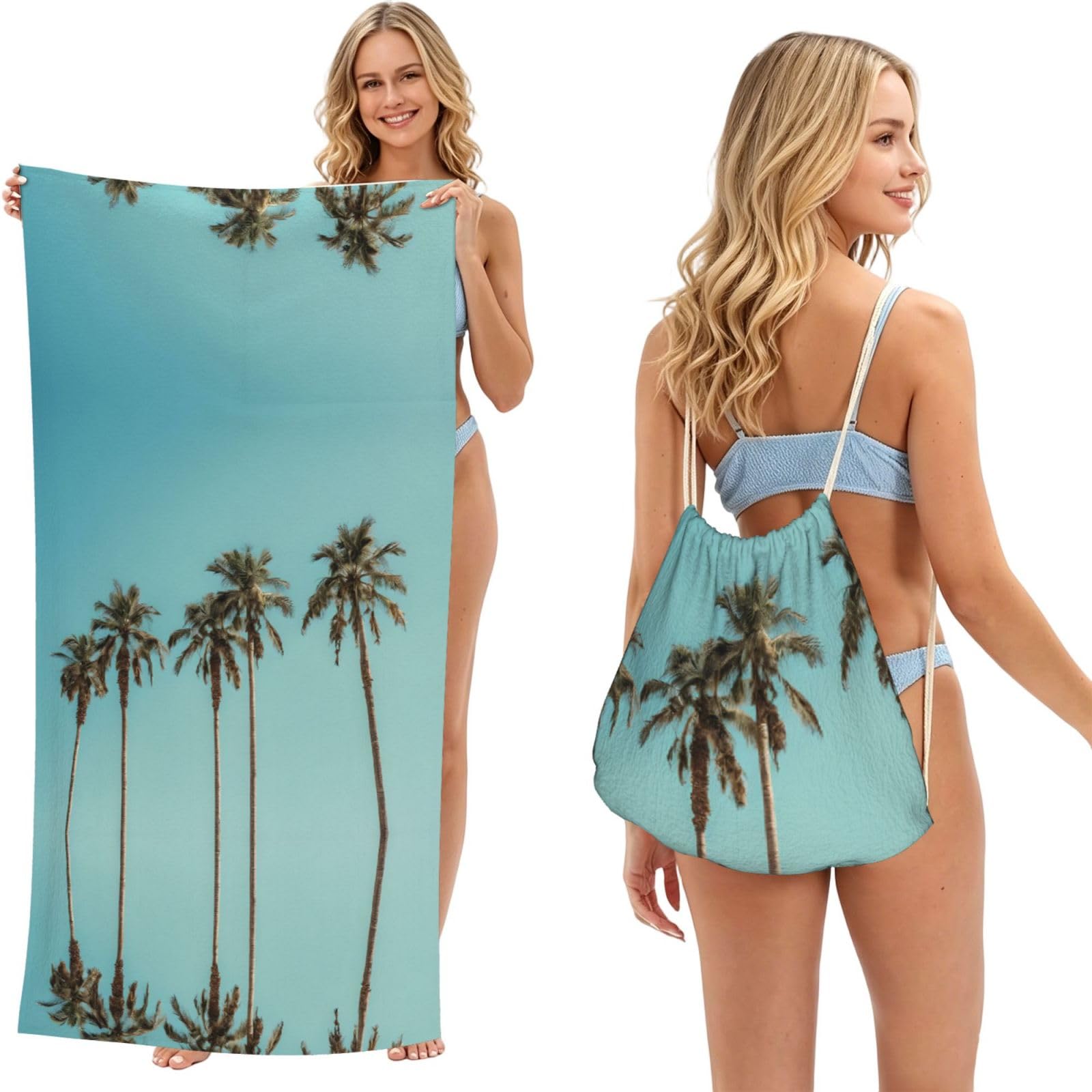 ESNAIUVCD Palm Tree Print Beach Towel For Adults,Towel With Drawstring Bag, Travel Pool Swimming Sports Shower Sand Free Quick Dry Bath Towel For Pool, Beach, Yoga- 180x60cm