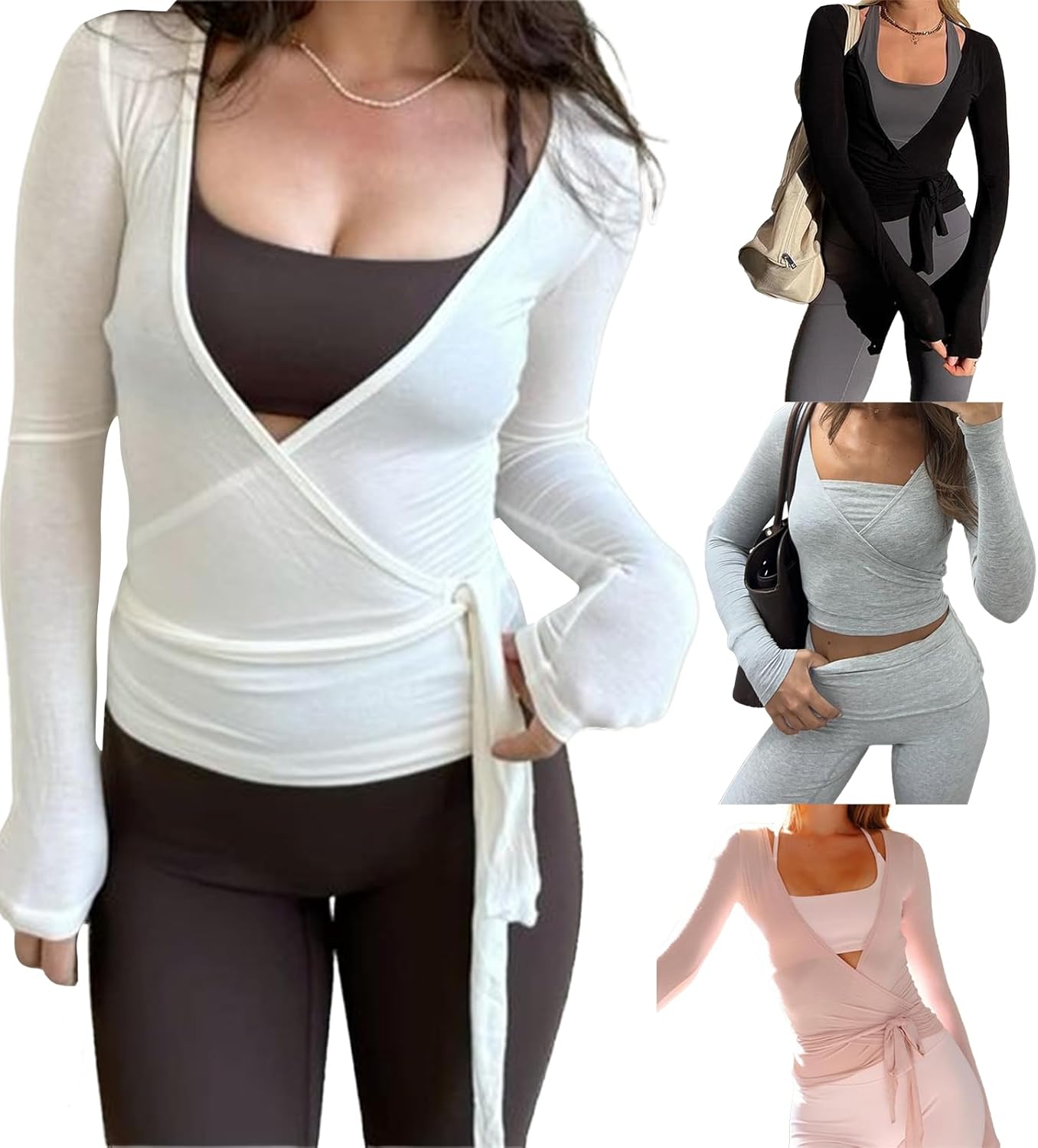 Women Deep V-Neck Long Sleeve Cross Wrap Top Sexy Slim Fit Casual Cropped Top Yoga Gym Bandage Workout Tie T Shirts - Image 2
