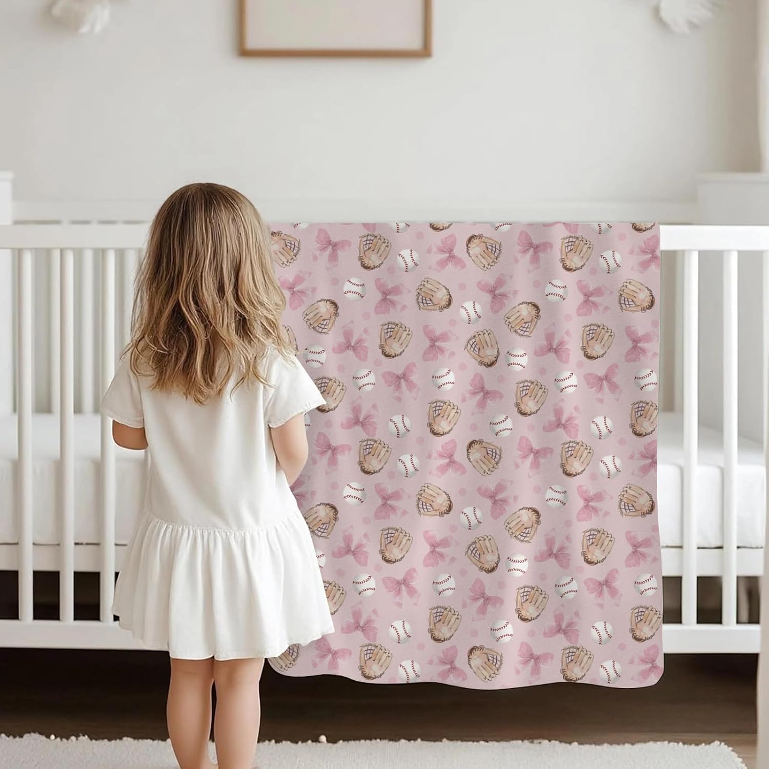 Pastel Pink Baseball Bows Baby Blankets for Girls Boys Watercolor Girly Baseball Swaddle Receiving Blanket for Infant Toddler Nursery Crib Soft Flannel Outdoor Sports Bed Blanket Pink 60x80inch