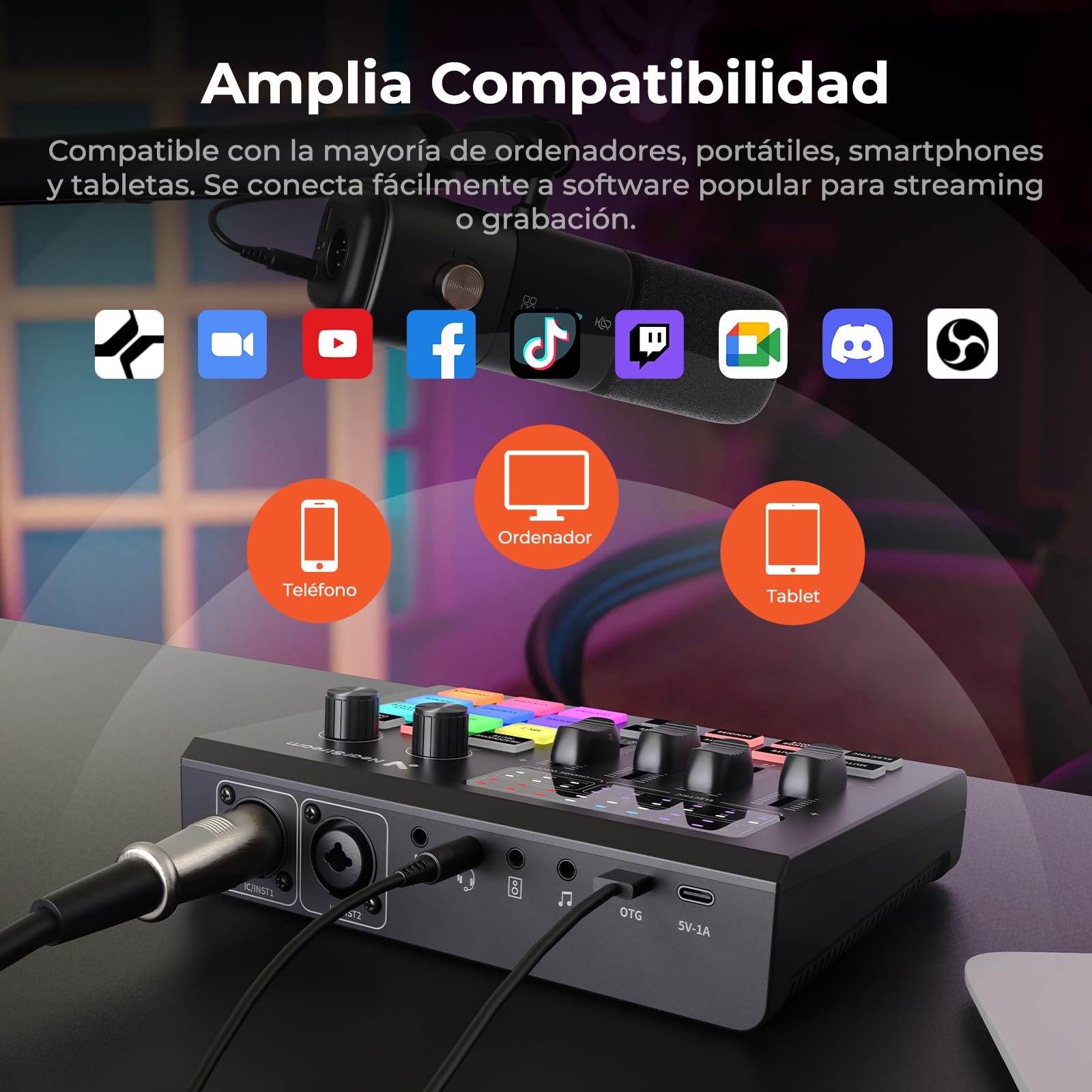 NearStream Mezclador gaming con preamp mic, doble entrada XLR/6.35mm, 48V, RGB, cambiador de voz, pads, loopback – Interfaz audio para streaming, podcast y música (AMIX20U)