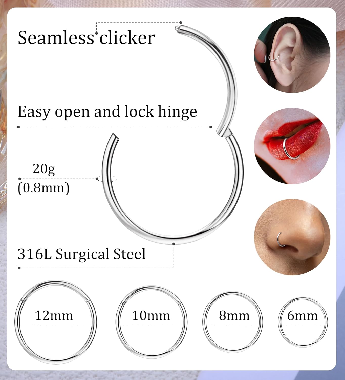 4Pcs Hinged Nose Rings Hoop 16G 18G 20G Nose Rings Hoops for Women 316L Surgical Steel Hinged Clicker Segment Nose Rings Stainless Steel Cartilage Helix Tragus Hoop Earrings Piercing Jewelry - Image 2