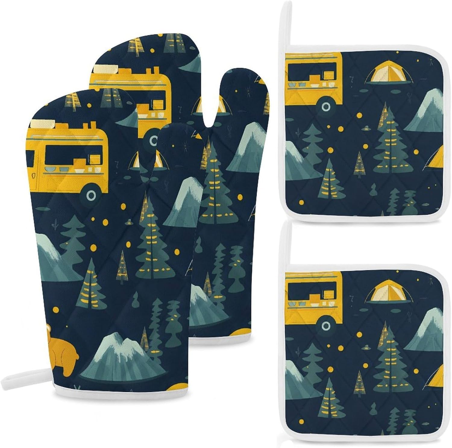 Camping Vehicles Travel Tours Oven Mitts and Pot Holders 4Pcs Set Heat Resistant Cooking Mitts Hot Pads