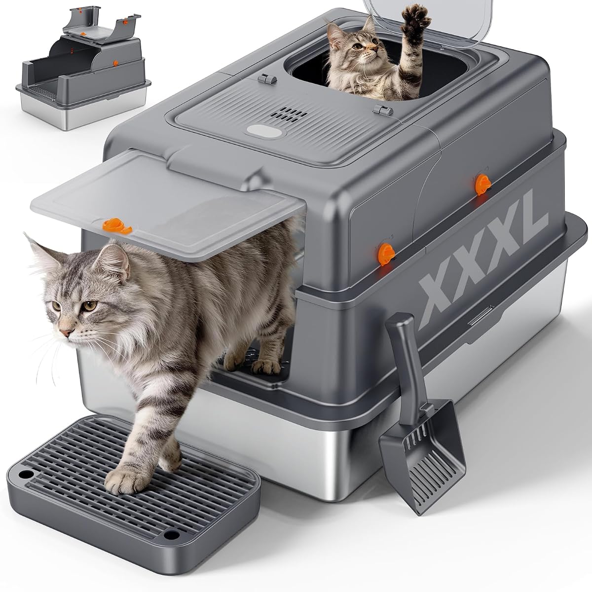 FURTIME XXXL Extra Large Enclosed Stainless Steel Litter Box with Lid | Large Enclosed Cat Litter Box for Big Cats, Metal Cat Box with High Sided Enclosure & Scoop, Grey
