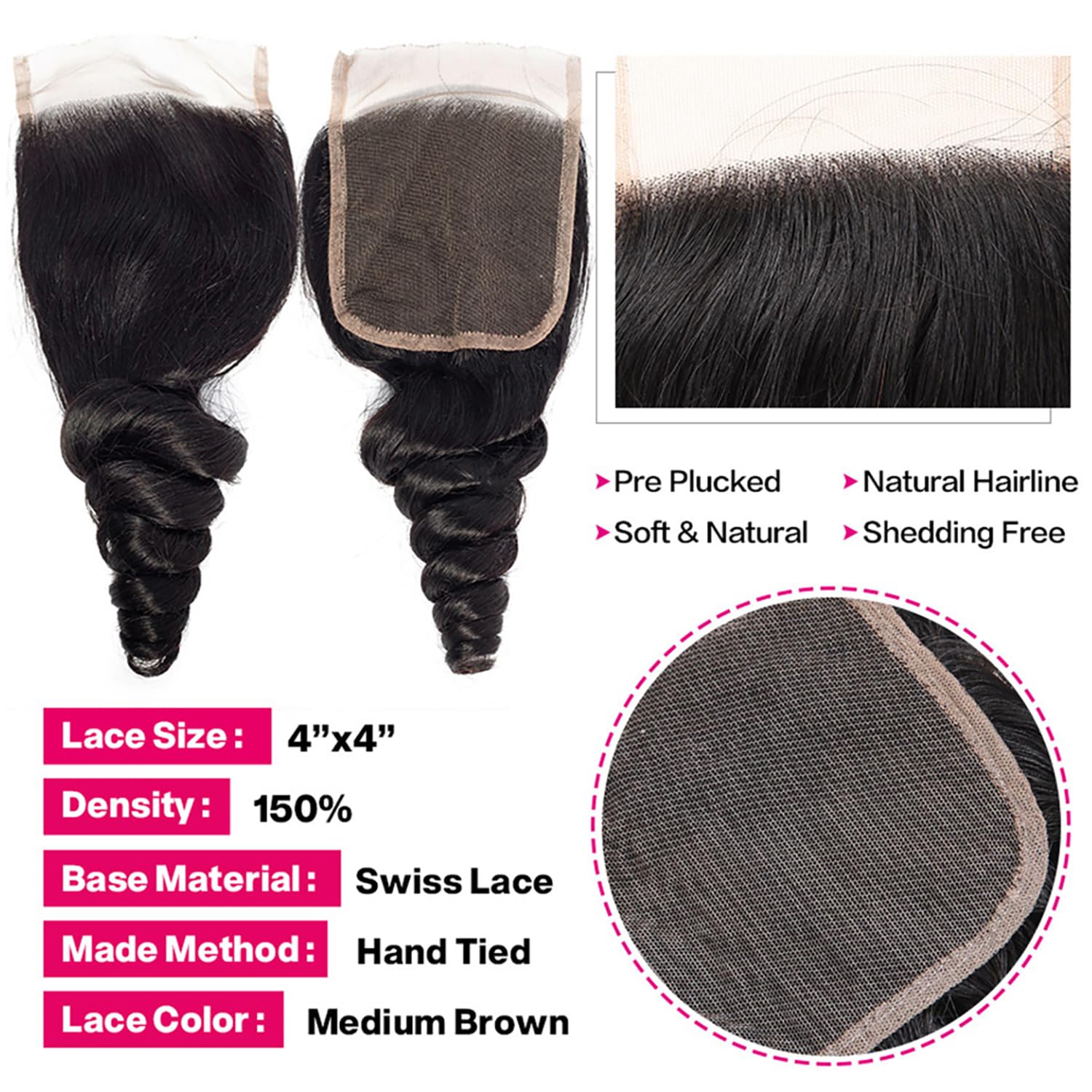 4x4 Loose Wave Lace Closure Human Hair HD Lace Closure Pre Plucked Free Part 100% Brazilian Virgin Human Hair Extensions for Black Women 150% Density Natural Color 22 Inch